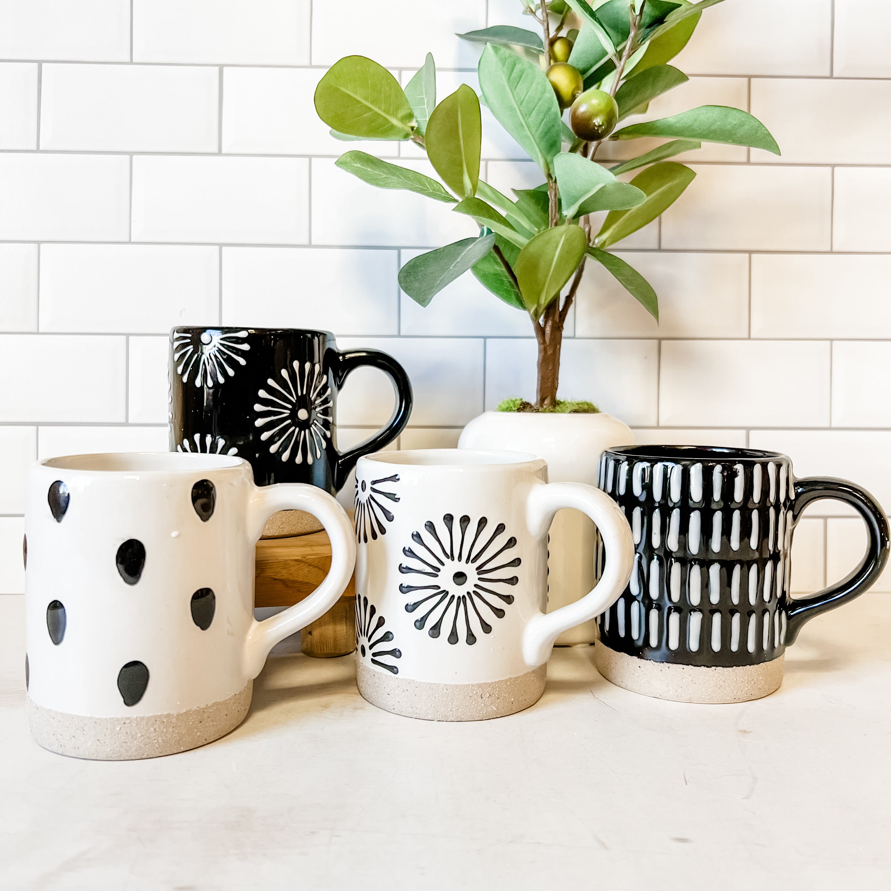 Stoneware black and white patterned mugs the rustic barn ct