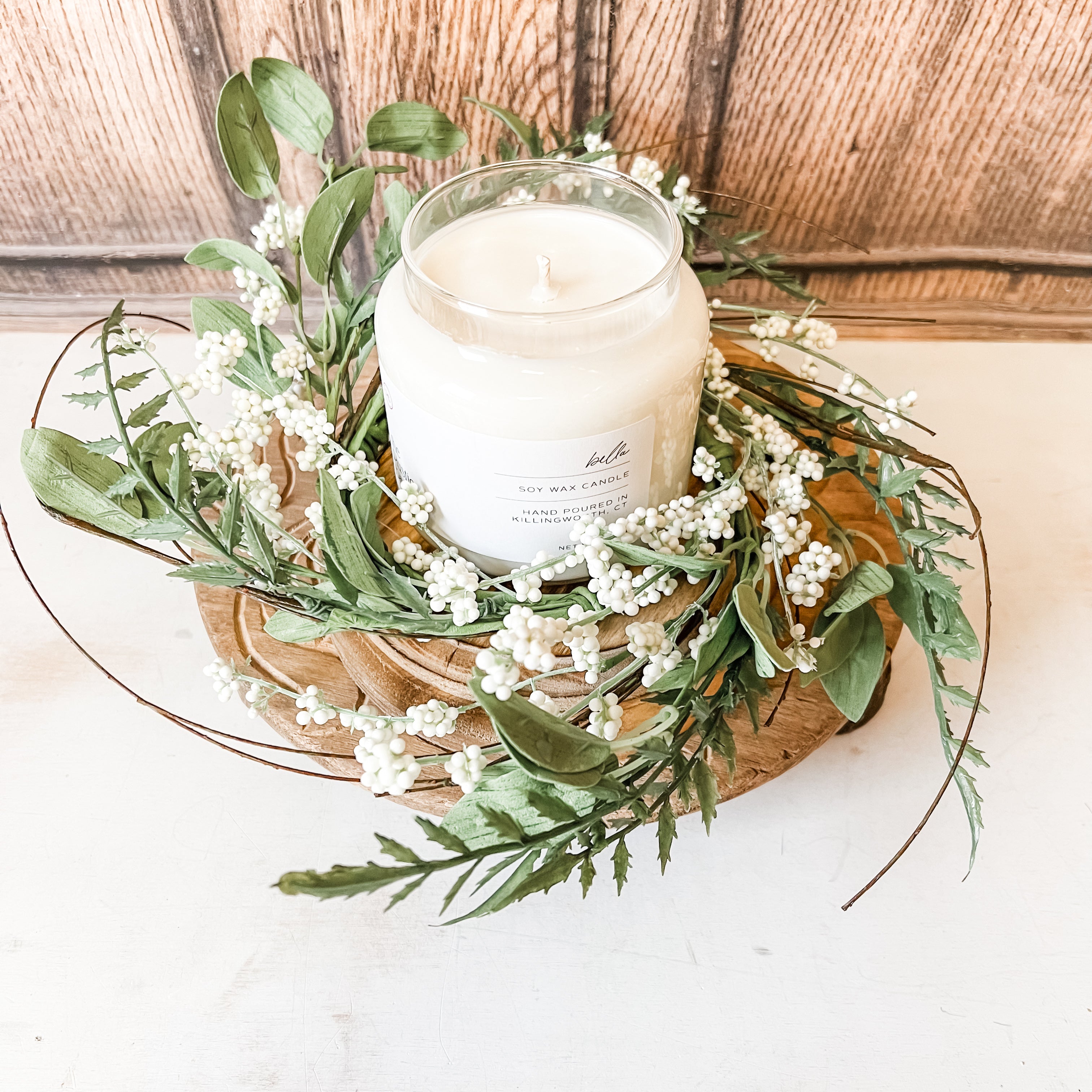 Lush leaf and white berry faux candle ring the rustic barn ct