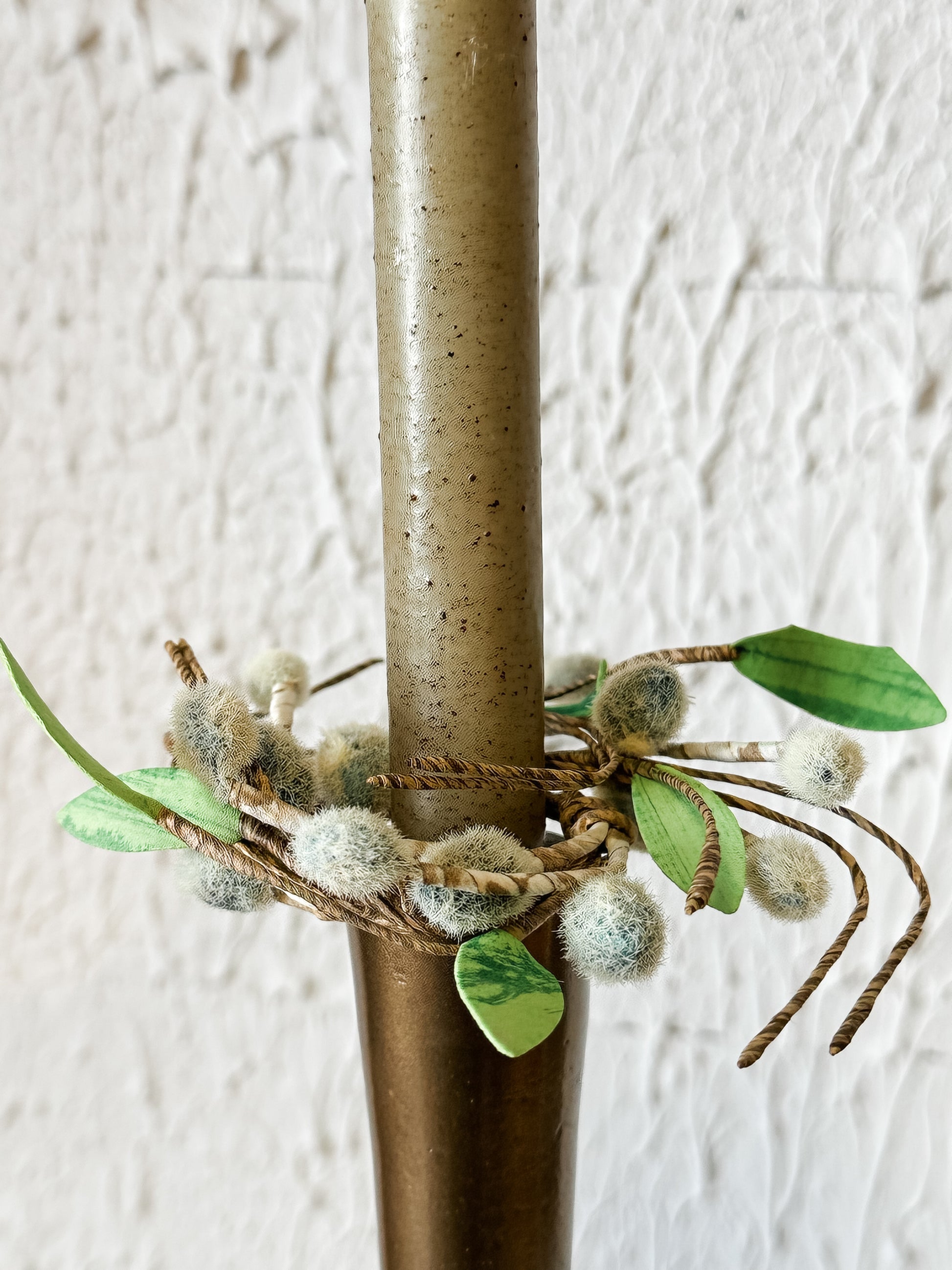 faux pussy willow taper candle ring at the Rustic Barn in Killingworth, CT