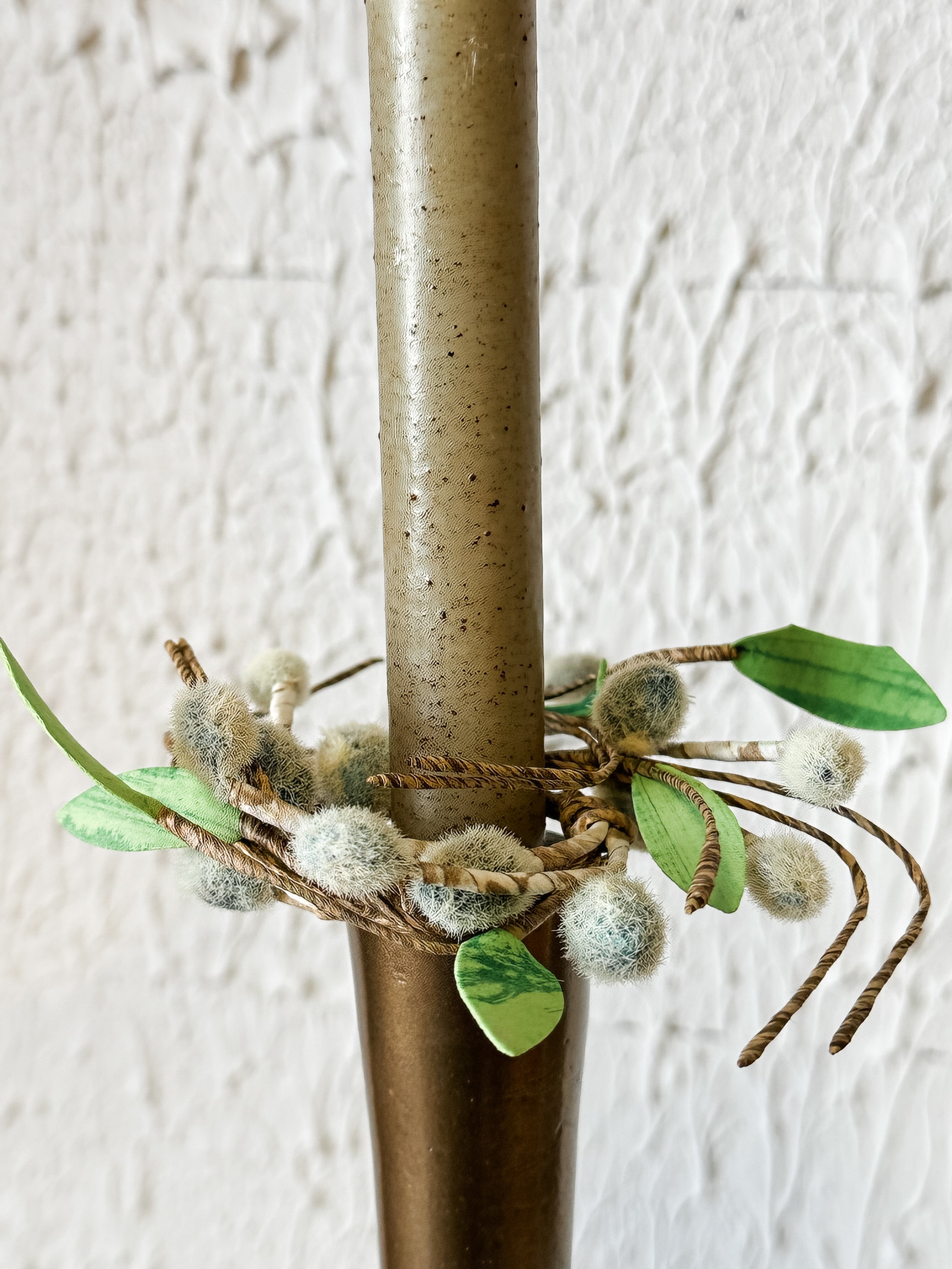 faux pussy willow taper candle ring at the Rustic Barn in Killingworth, CT