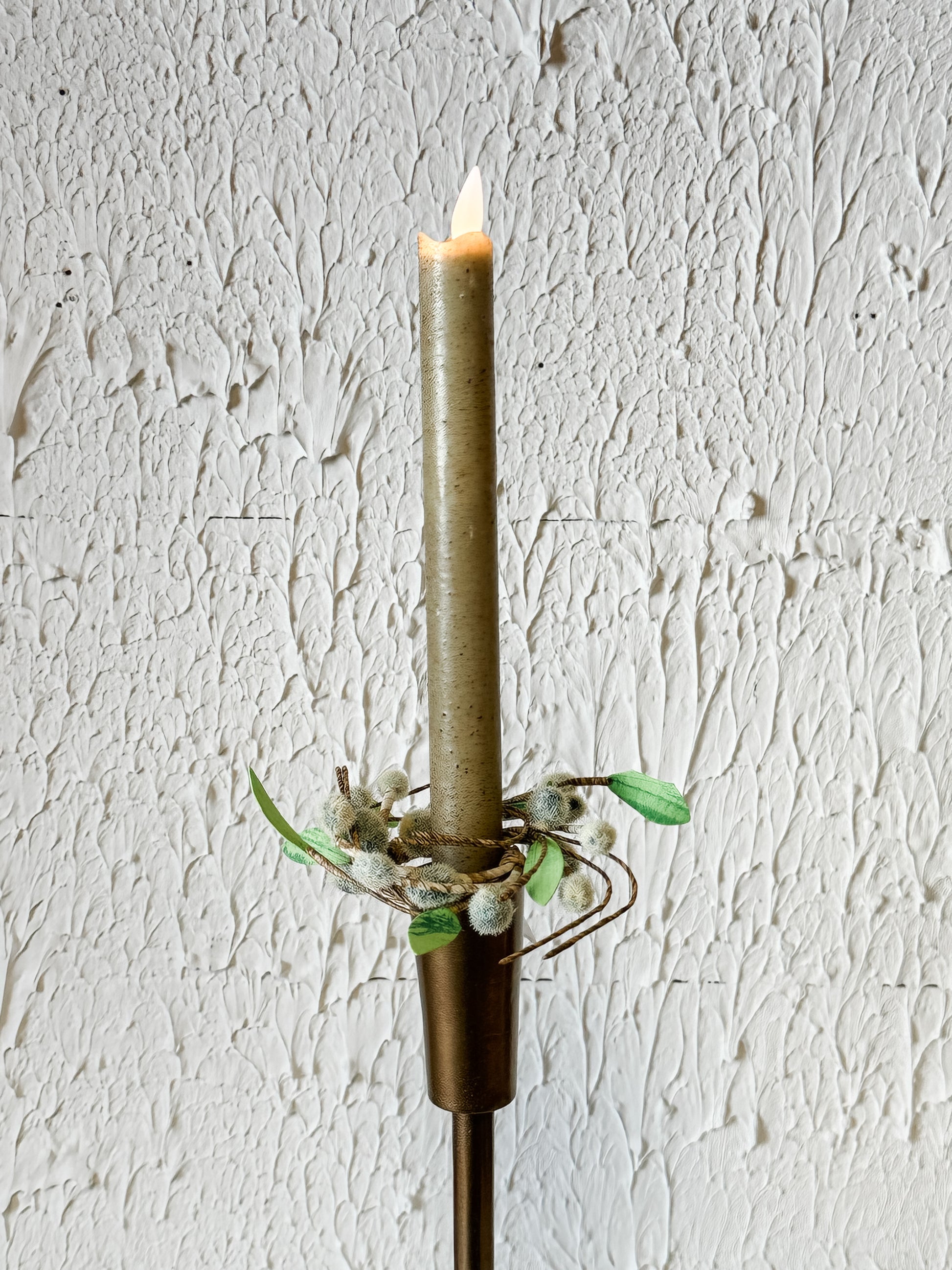 faux pussy willow taper candle ring at the Rustic Barn in Killingworth, CT