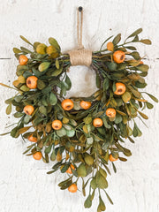 10 inch round rustic olive leaf and orange pod wreath at the rustic barn in killinworth ct