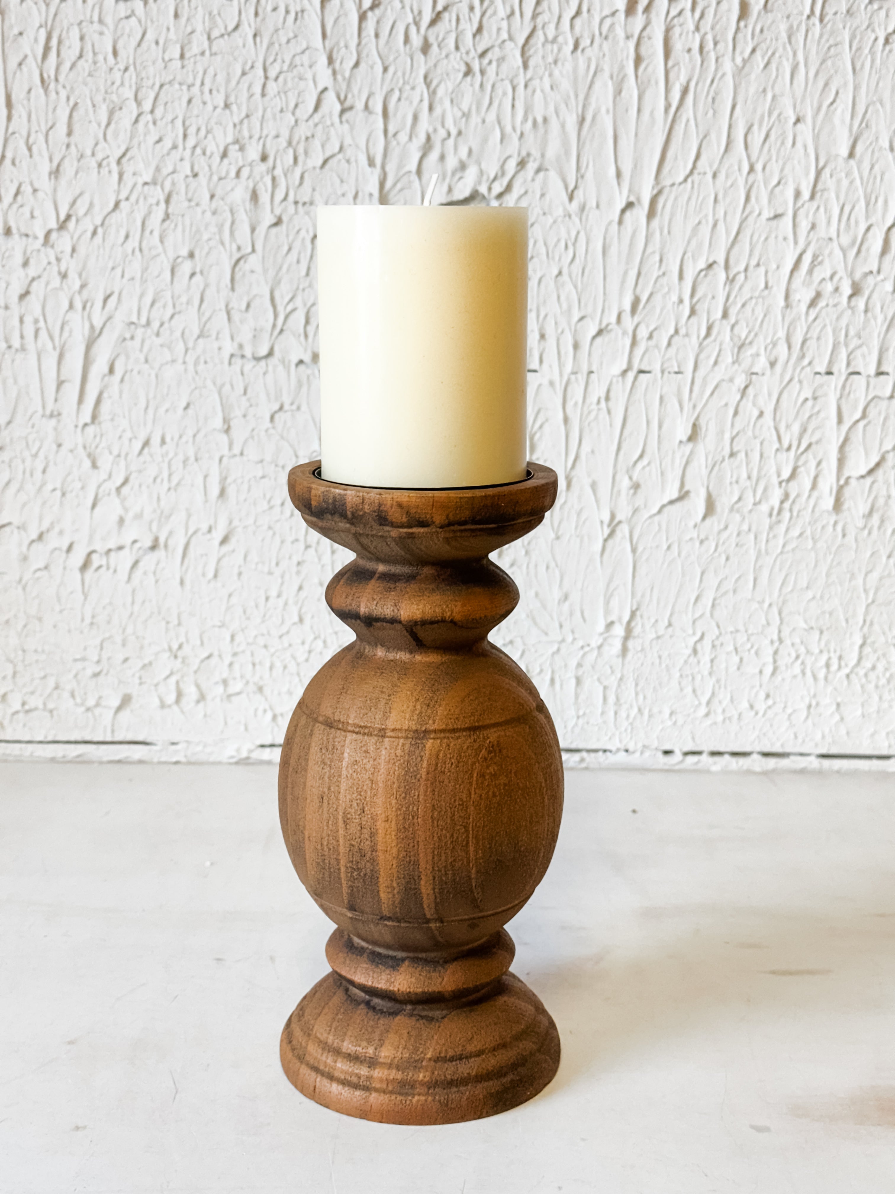 10" Rustic Metal & Brown Wood Pillar Candle Holder at the Rustic Barn in Killingworth, CT