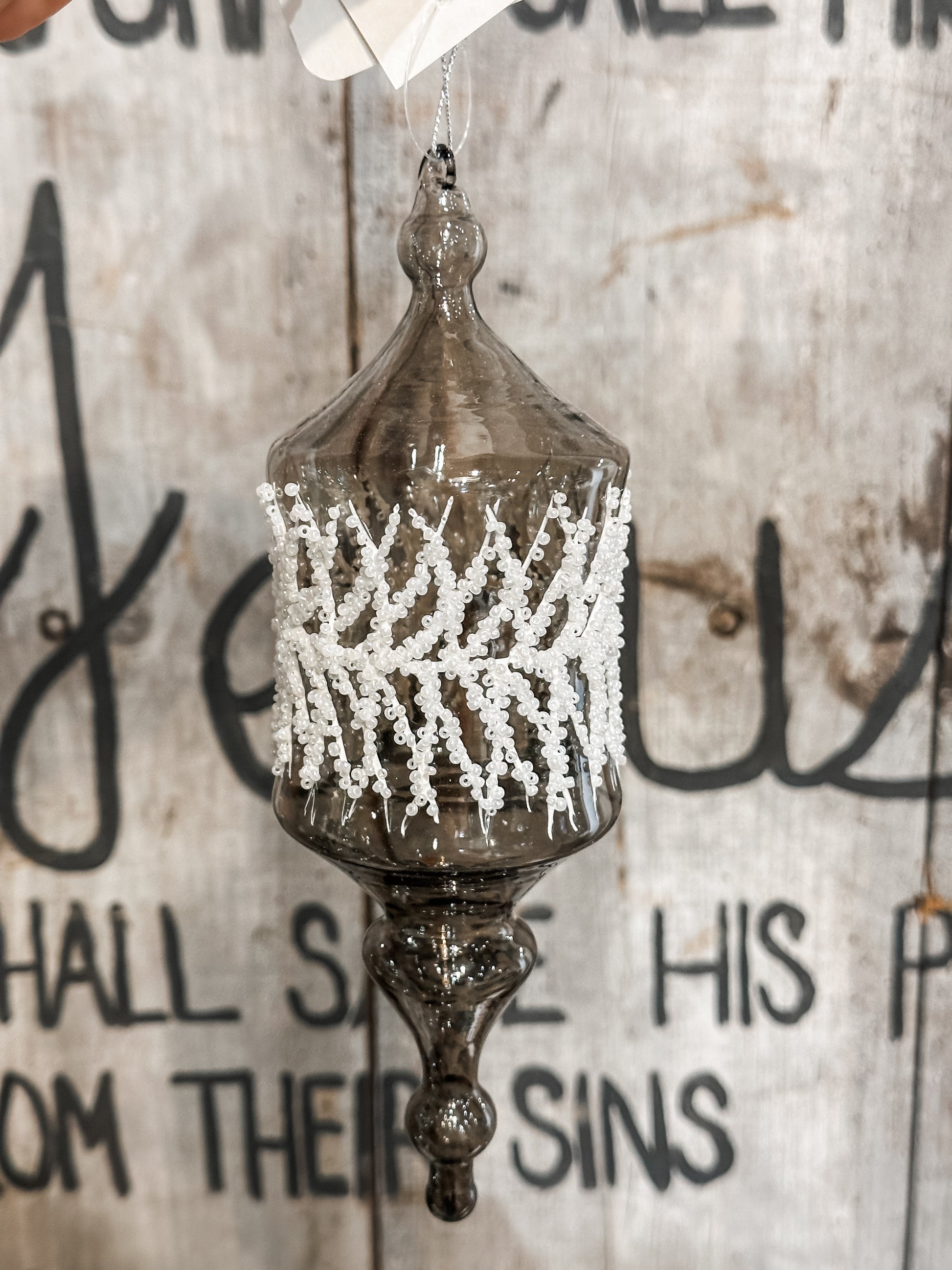10 inch snowed pine glass finial ornament with beaded design at The Rustic Barn in Killingworth CT