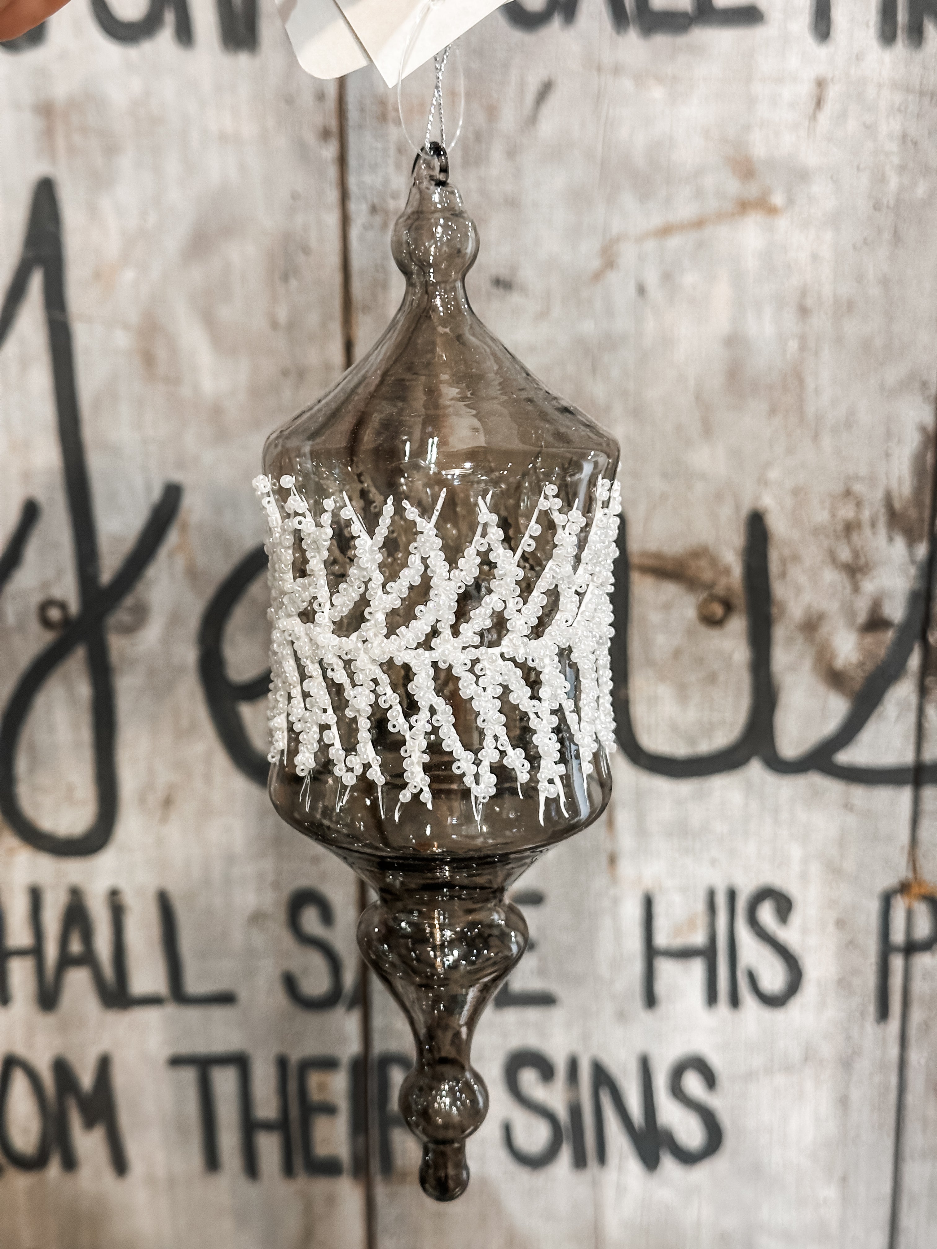 10 inch snowed pine glass finial ornament with beaded design at The Rustic Barn in Killingworth CT