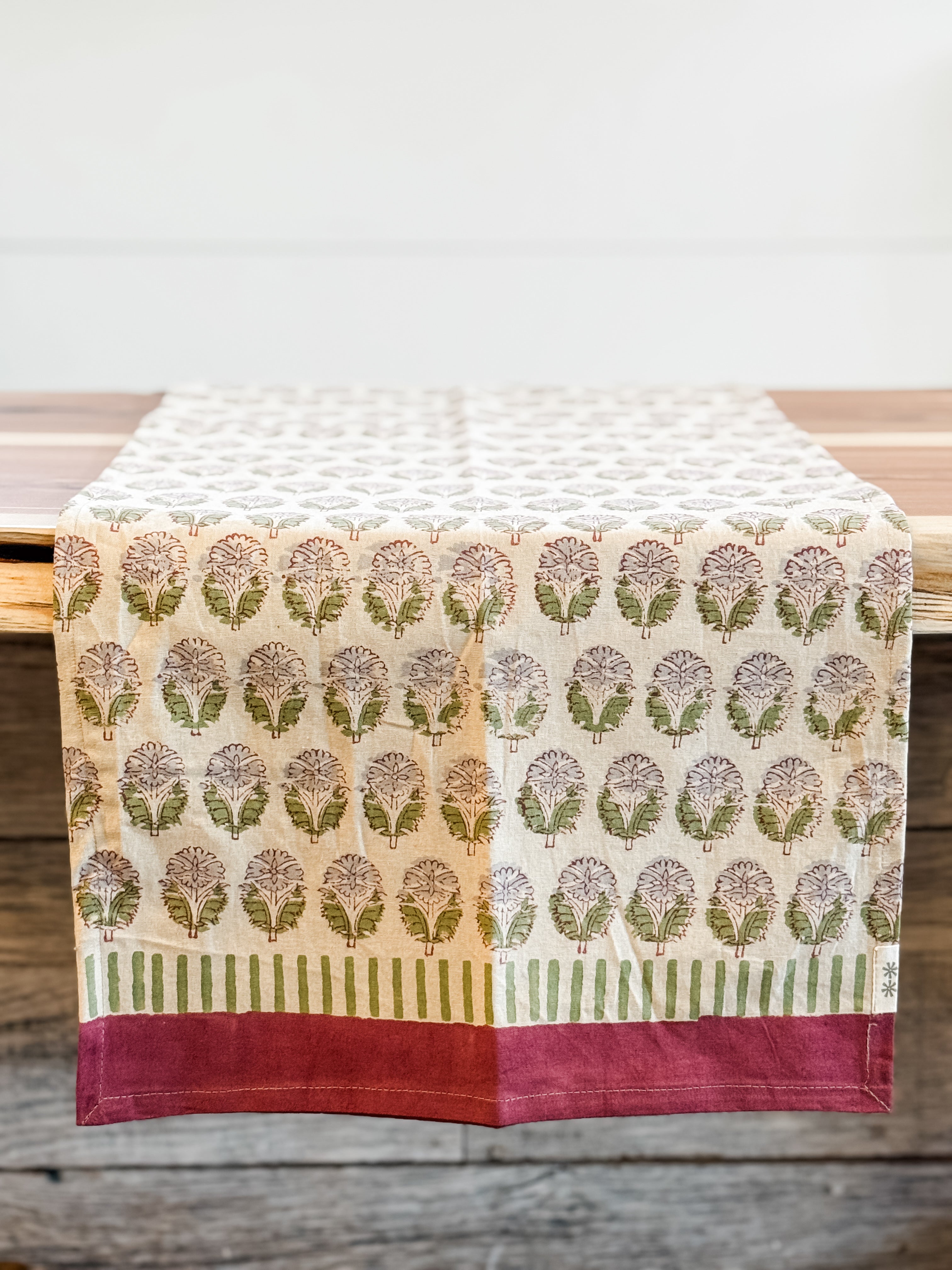 108" Organic Cotton Hand Block Printed Table Runner at the Rustic Barn in Killingworth, CT