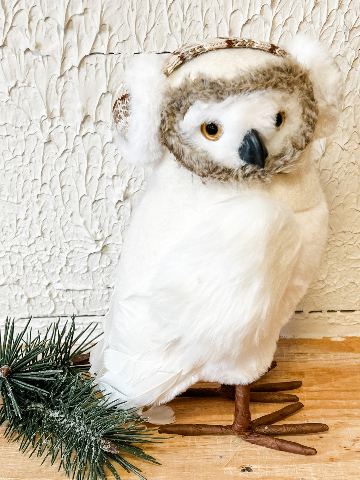 11 inch winter white owl with ear muffs on at the rustic barn in killingworth ct