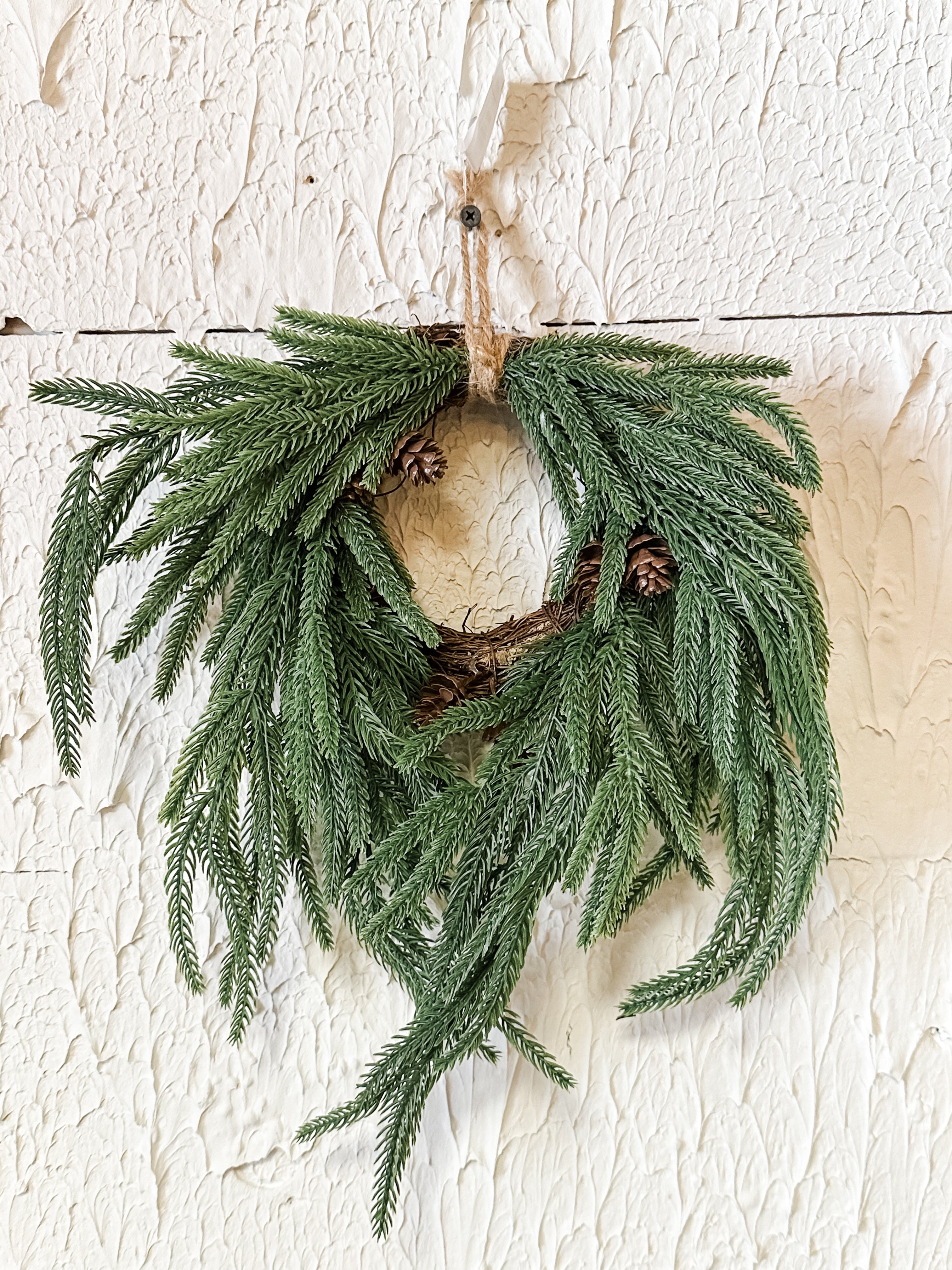12 inch mini hanging long pine wreath with tweed loop at The Rustic Barn in Killingworth CT