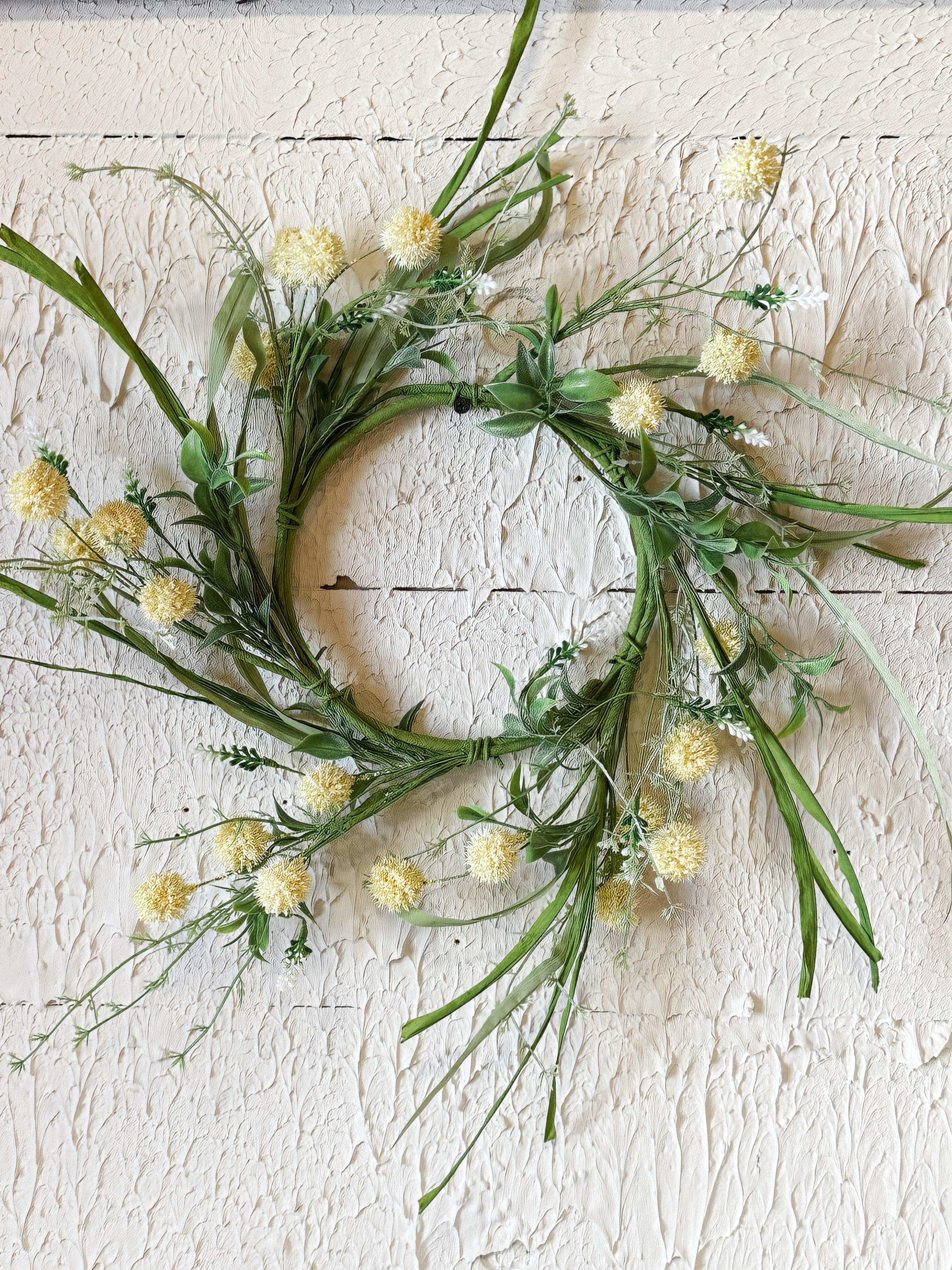 14" Faux Floral Yellow Pom Pom Candle Ring at the Rustic Barn in Killingworth, CT