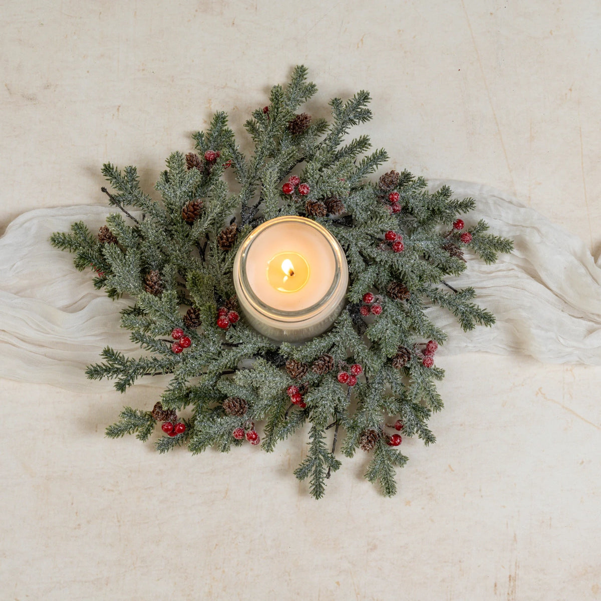 14 inch icy pine with red berries christmas candle rings at the rustic barn in killingworth ct