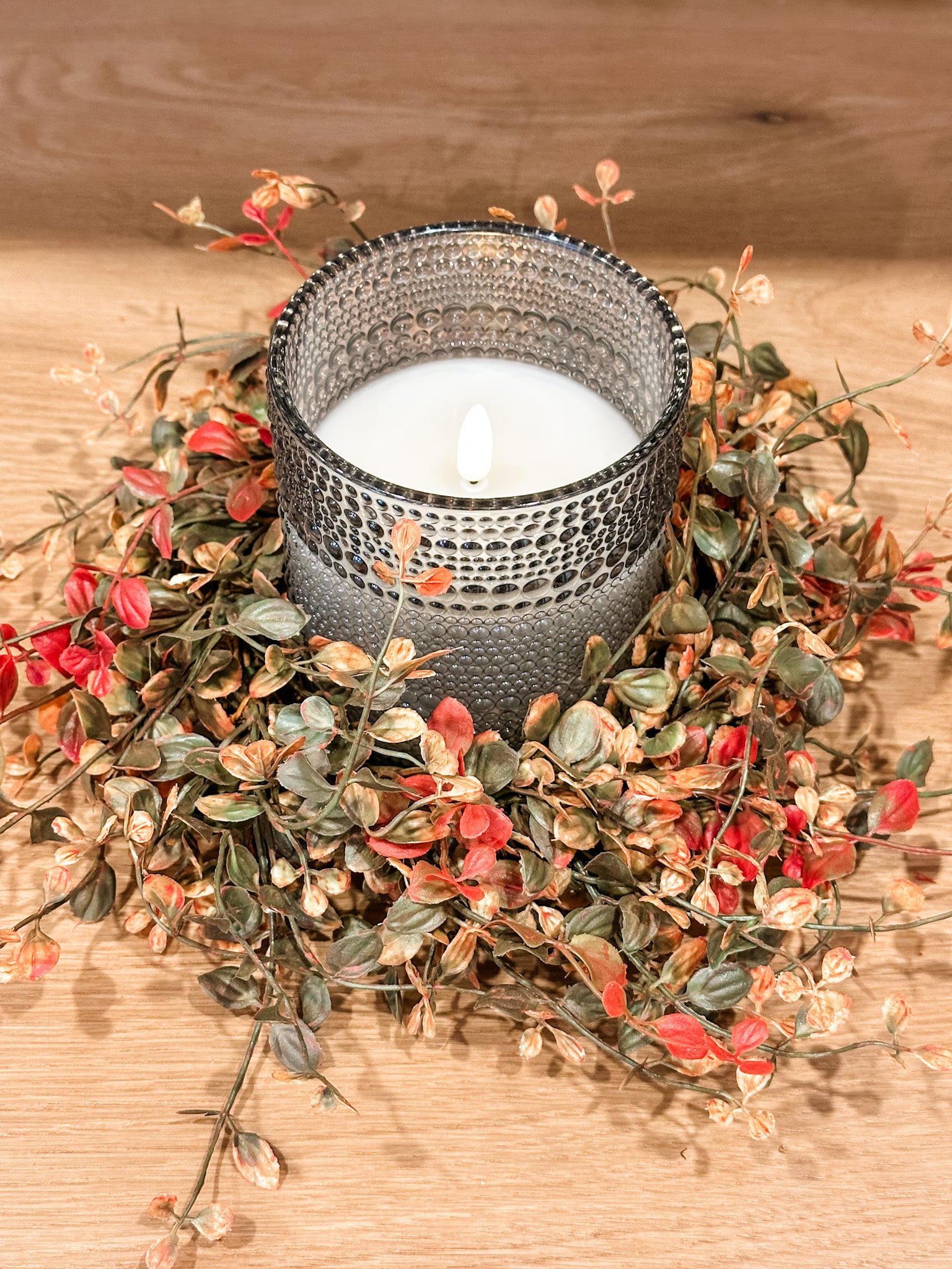 red and green fall red and green bog pimpernel candle ring at the rustic barn in killingworth ct