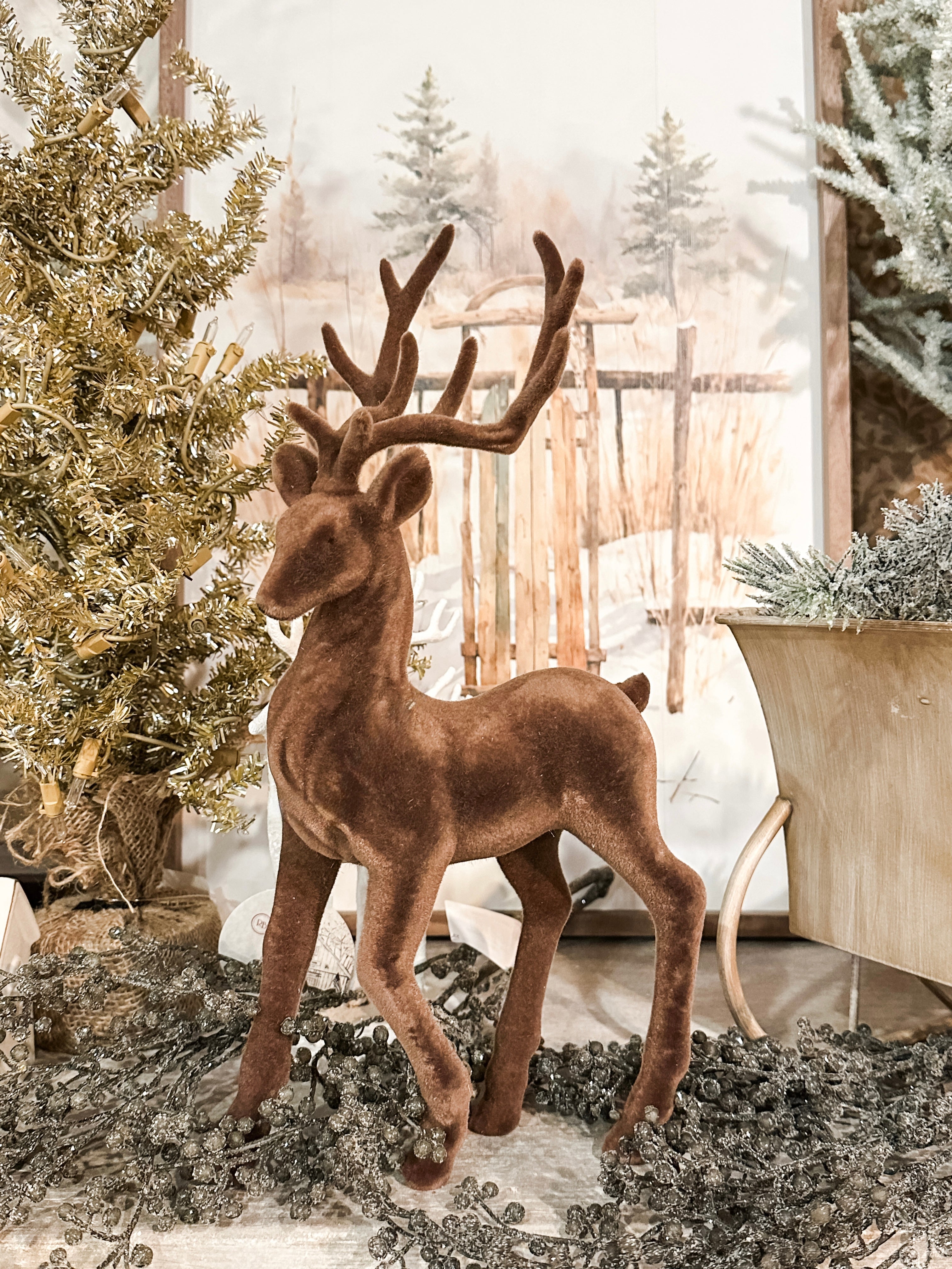 15" brown flocked standing deer at The Rustic Barn in Killingworth CT