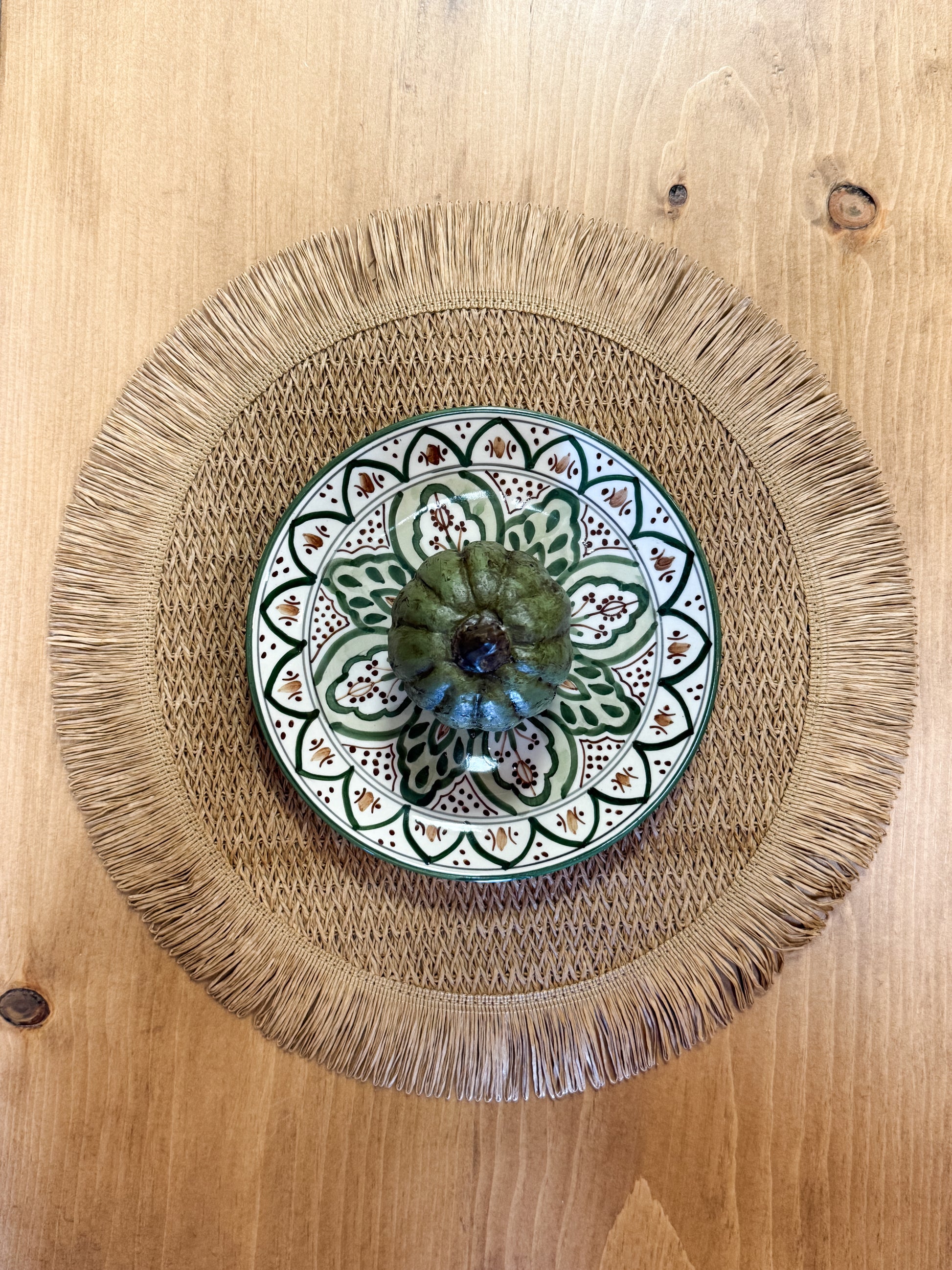 15 inch round woven placemat with fringe for fall at the Rustic Barn in Killingworth CT