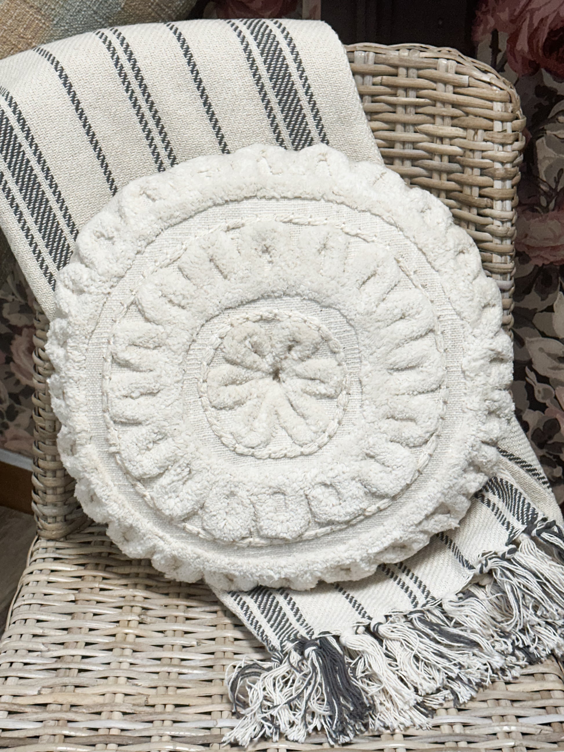 16" Calla Hand-Embroidered Round Decorative Pillow at the Rustic Barn in Killingworth, CT