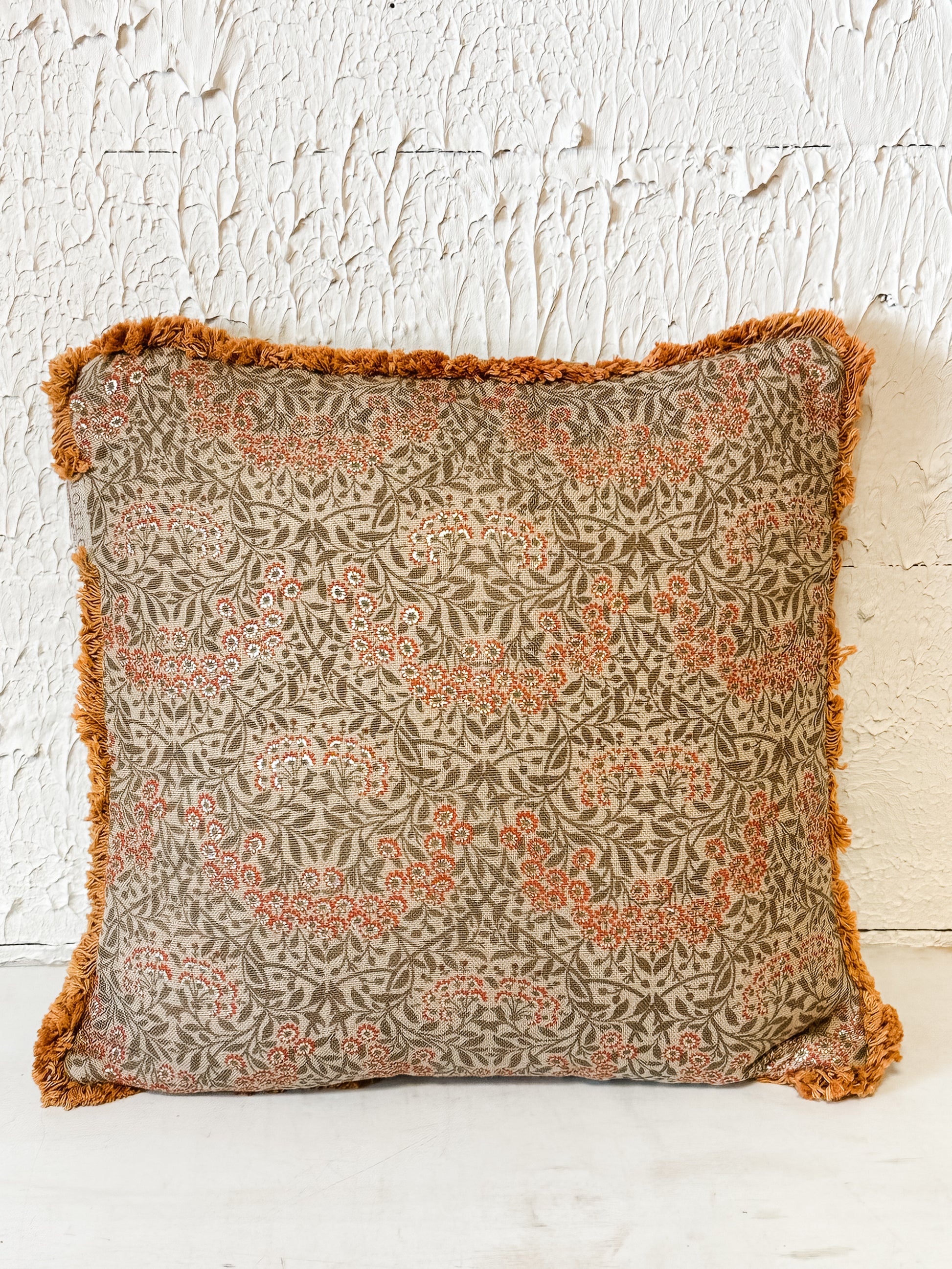 16 inch square cotton pillow with floral print and fringe at The Rustic Barn in Killingworth CT