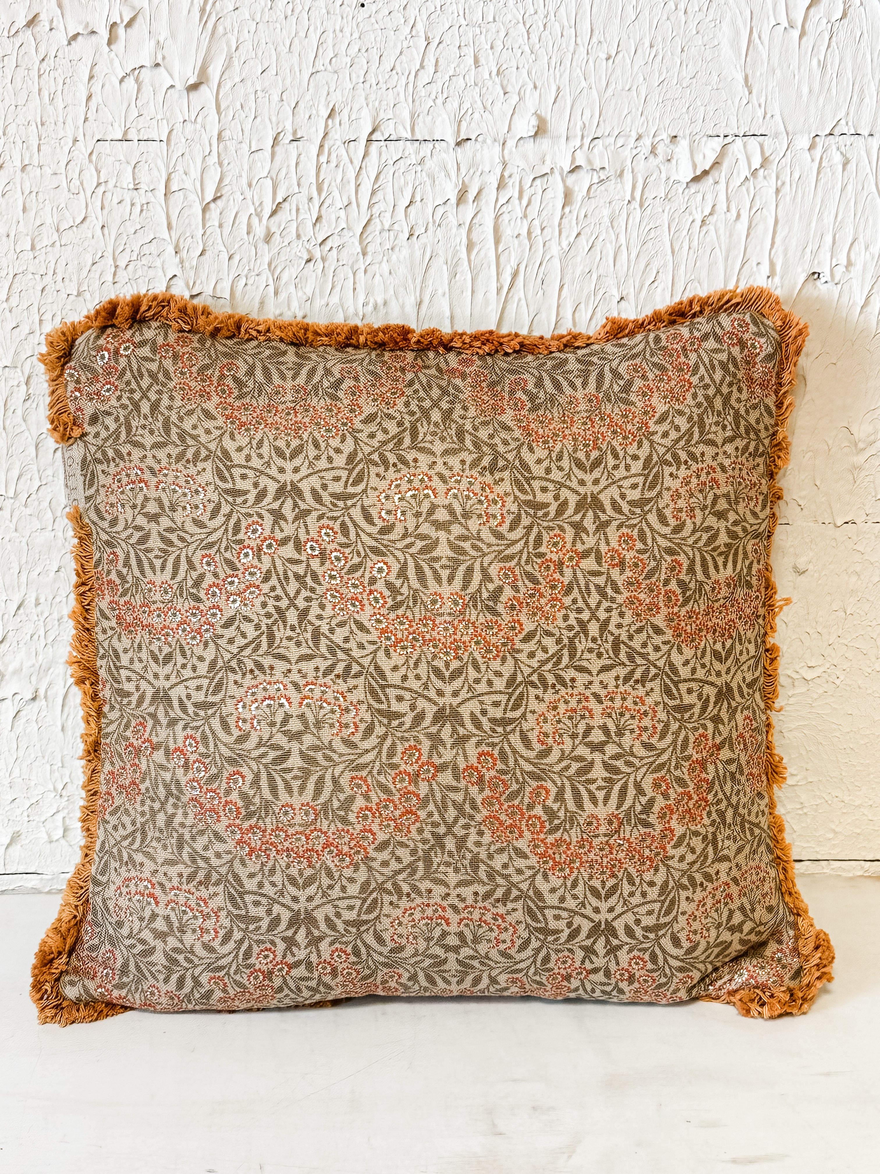 16 inch square cotton pillow with floral print and fringe at The Rustic Barn in Killingworth CT