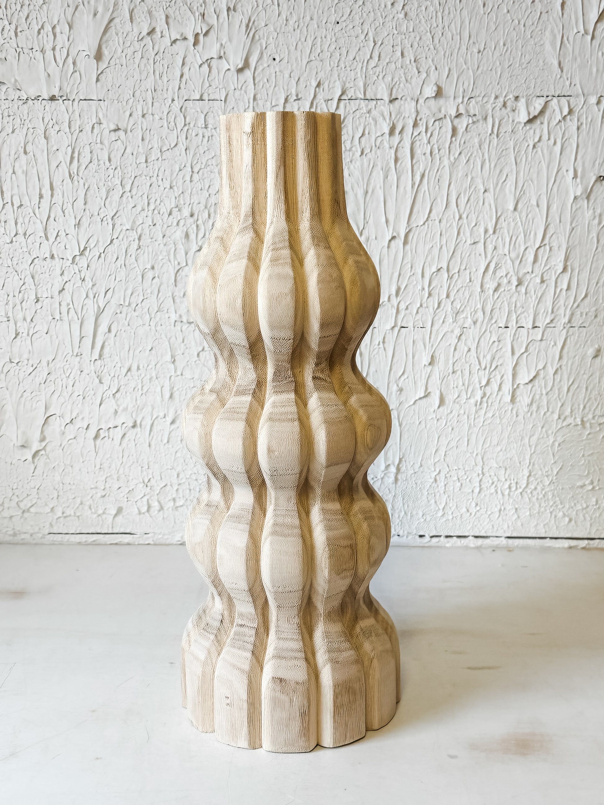 hand carved paulownia wood vase 17 inches high at the rustic barn in Killingworth ct