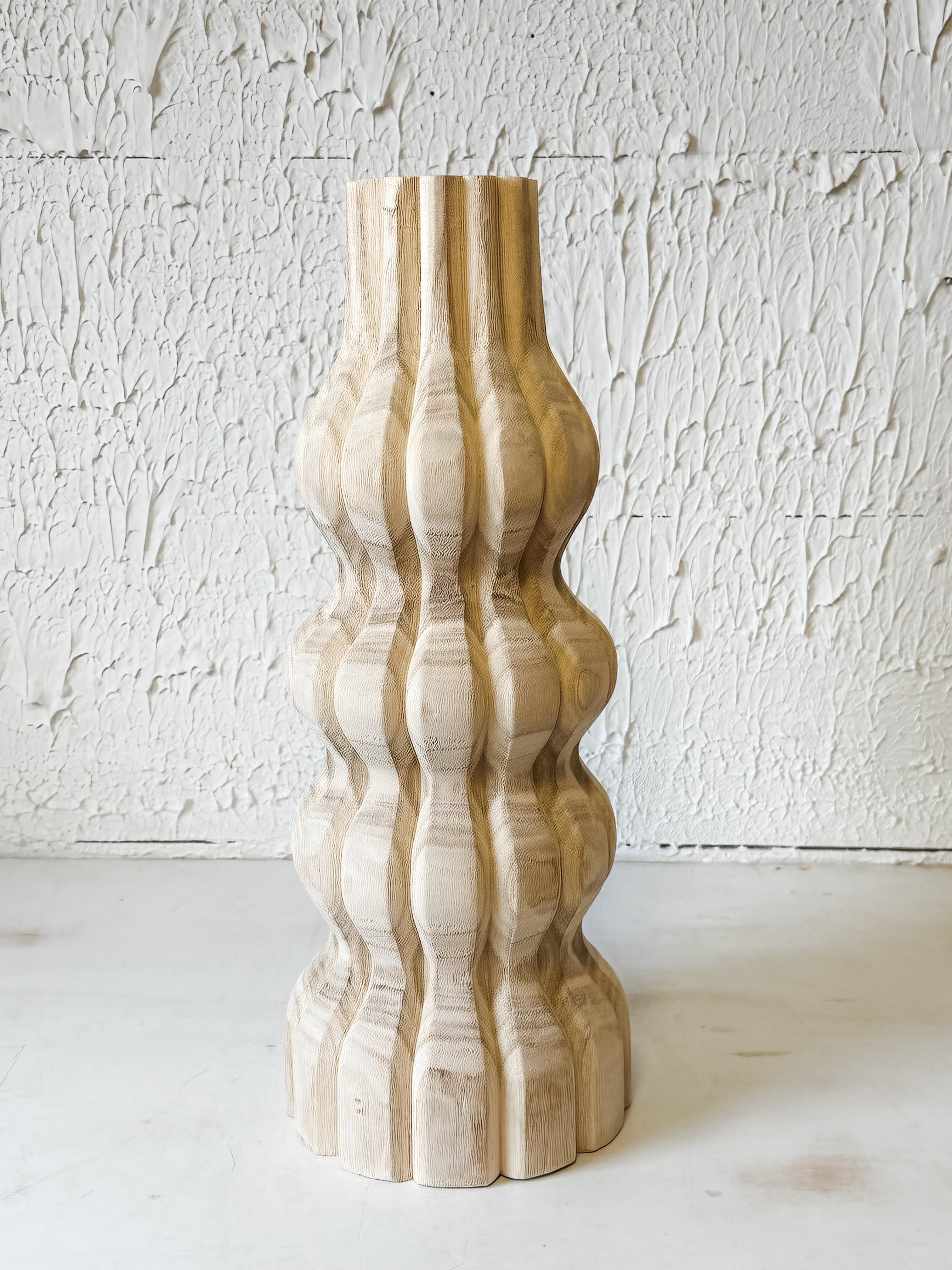 hand carved paulownia wood vase 17 inches high at the rustic barn in Killingworth ct