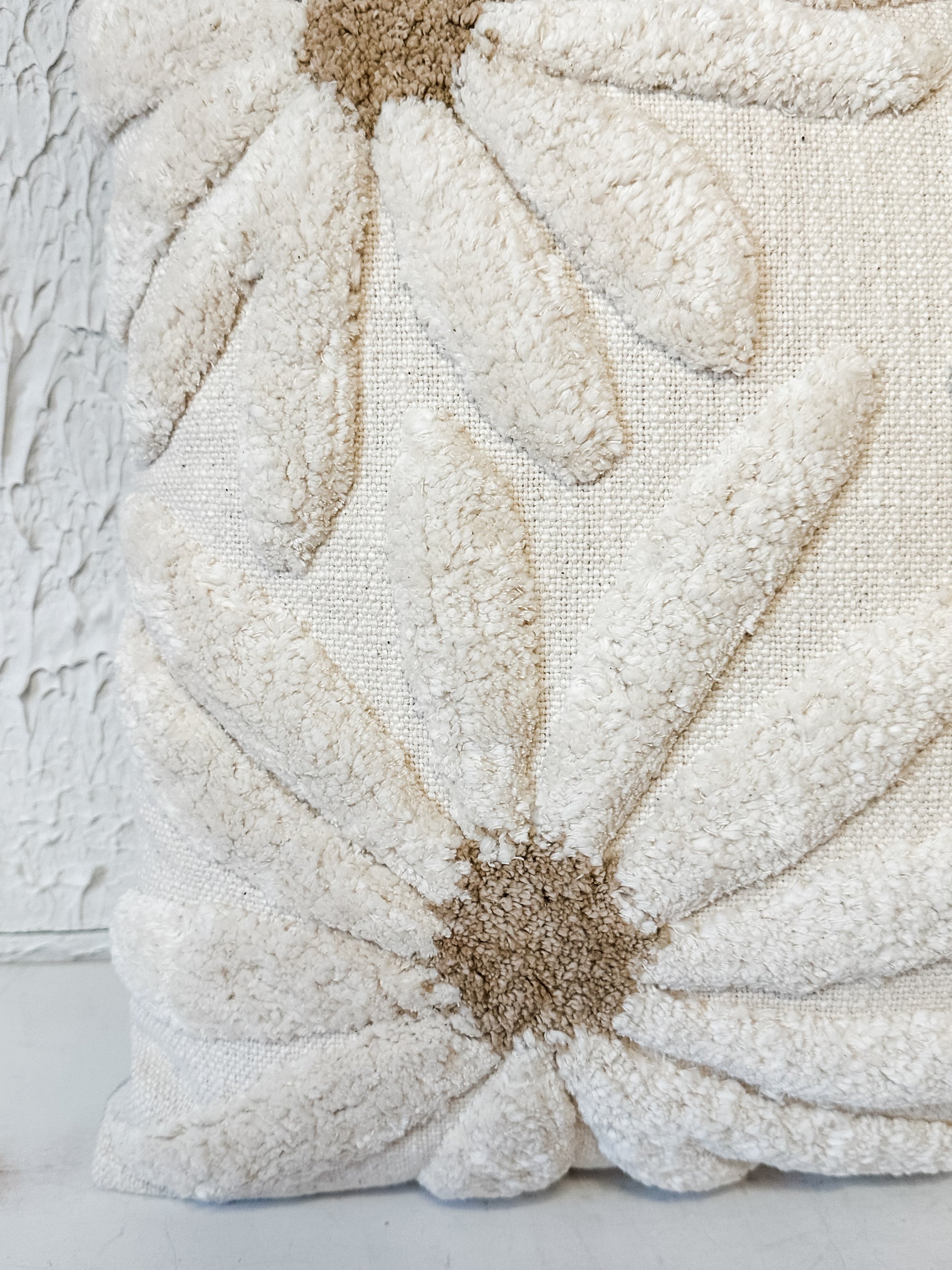 18 inch square cotton slub pillow with tufted flowers at The Rustic Barn in Killingworth CT