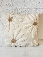 18 inch square cotton slub pillow with tufted flowers at The Rustic Barn in Killingworth CT