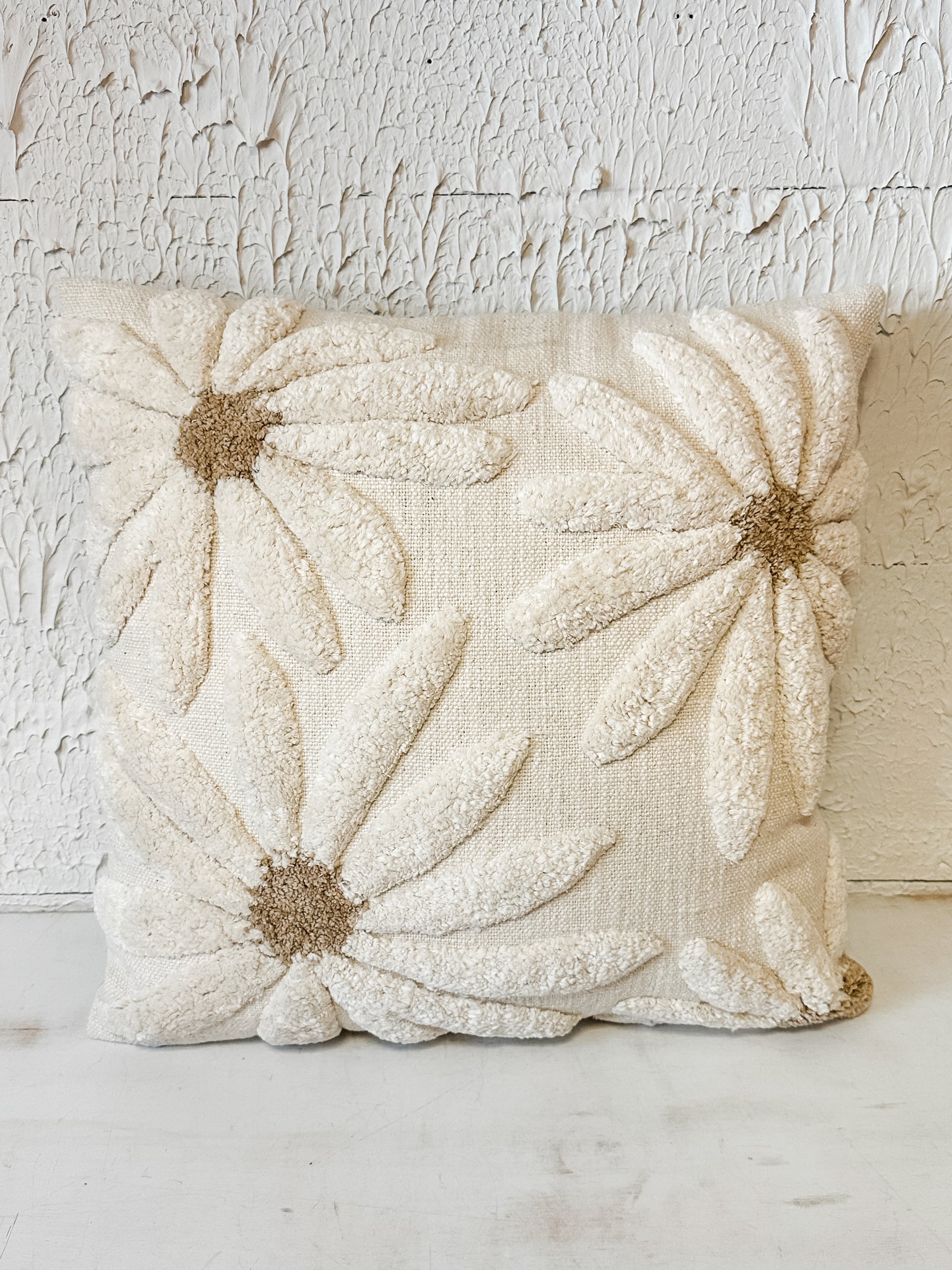 18 inch square cotton slub pillow with tufted flowers at The Rustic Barn in Killingworth CT