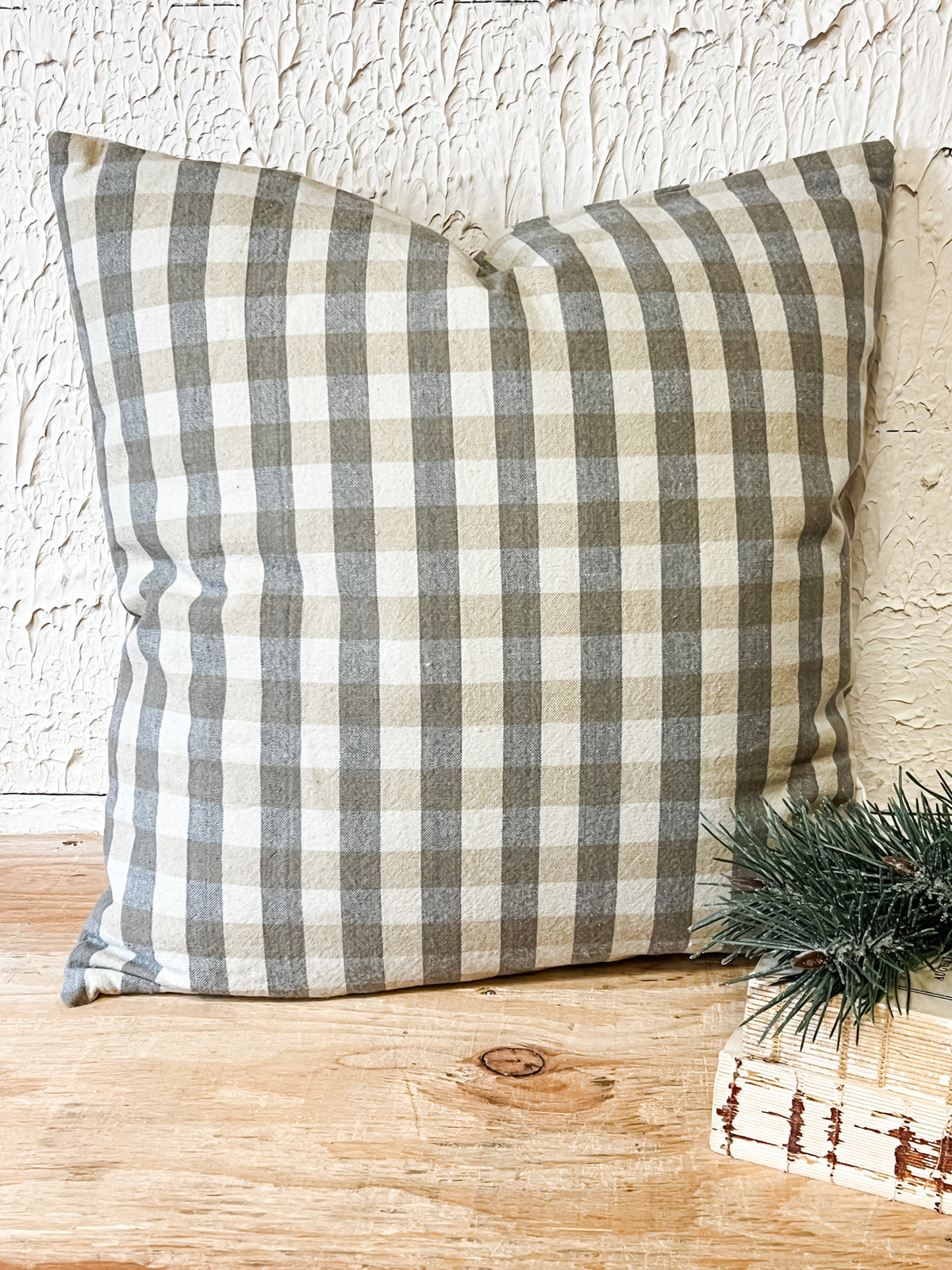 18 inch square cotton woven grey and white checkered pillow at the rustic barn in killingworth ct