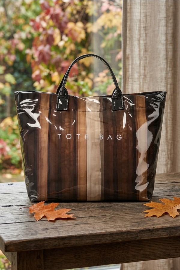 Striped tote bag with 'TOTE BAG' text on a wooden surface with autumn leaves.