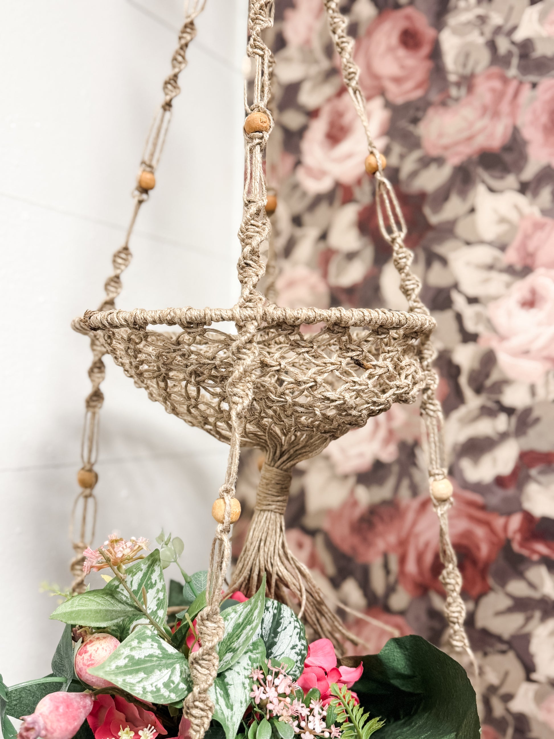 2-Tier Hand-Woven Jute Macrame Hanging Basket with Mango Wood Beads & Tassels at the Rustic Barn in Killingworth, CT