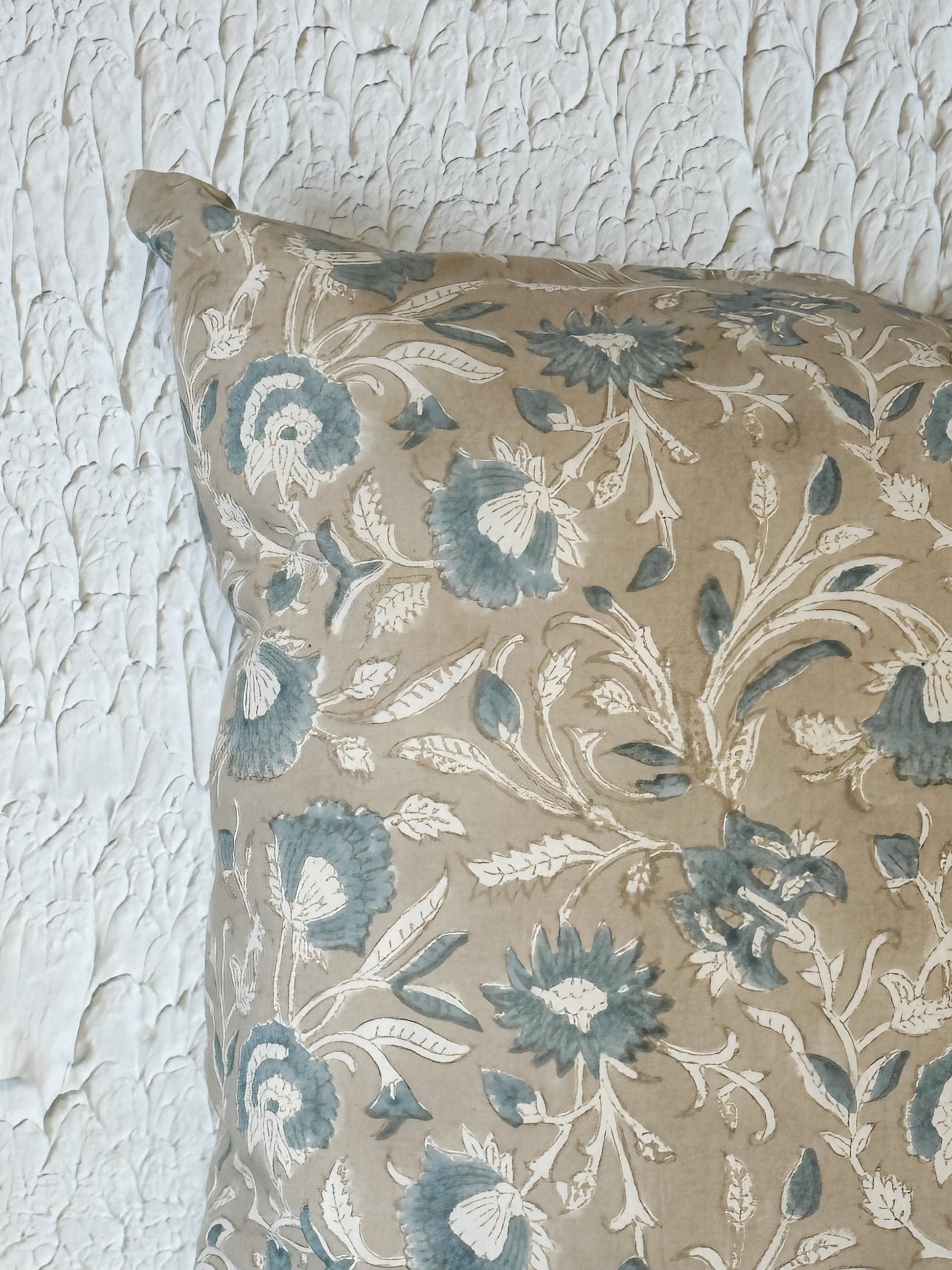 20" Shalini  Hand Block Print Pillow Organic Cotton Botanical Accent at the Rustic Barn in Killingworth, CT