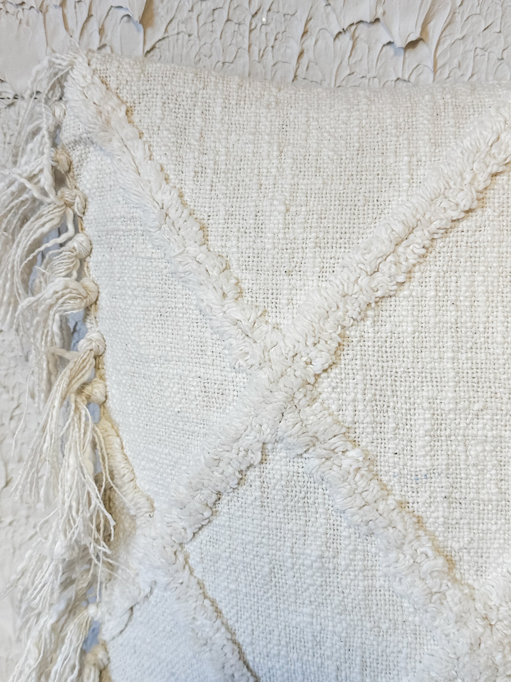 20" square cotton blend pillow with tufted pattern and fringe at The Rustic Barn in Killingworth, CT