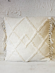 20" square cotton blend pillow with tufted pattern and fringe at The Rustic Barn in Killingworth, CT
