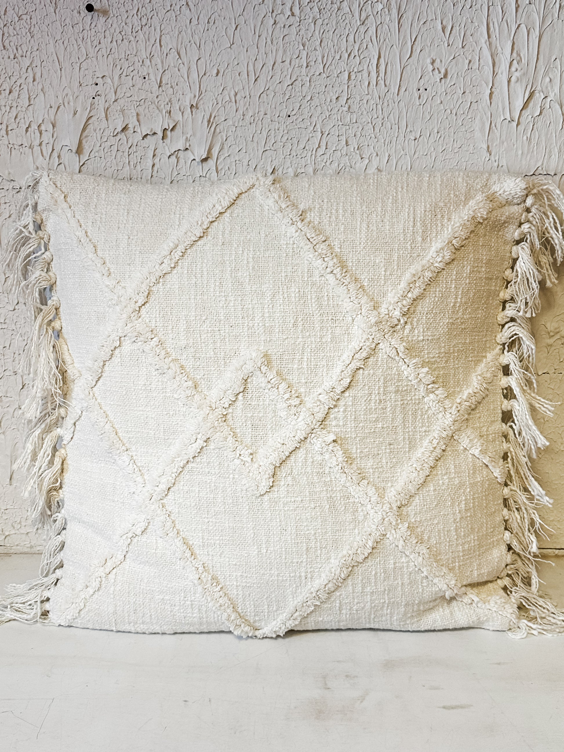 20" square cotton blend pillow with tufted pattern and fringe at The Rustic Barn in Killingworth, CT
