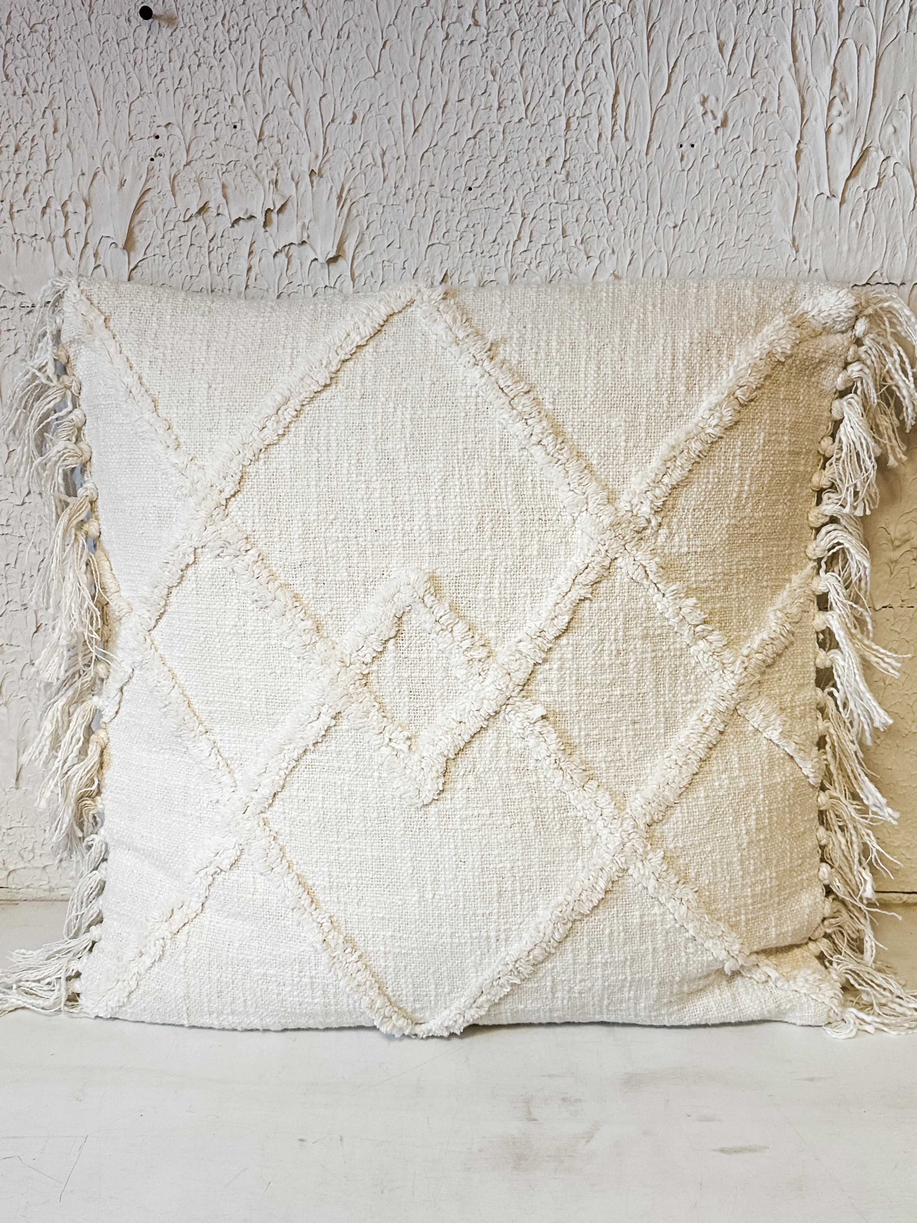 20" square cotton blend pillow with tufted pattern and fringe at The Rustic Barn in Killingworth, CT