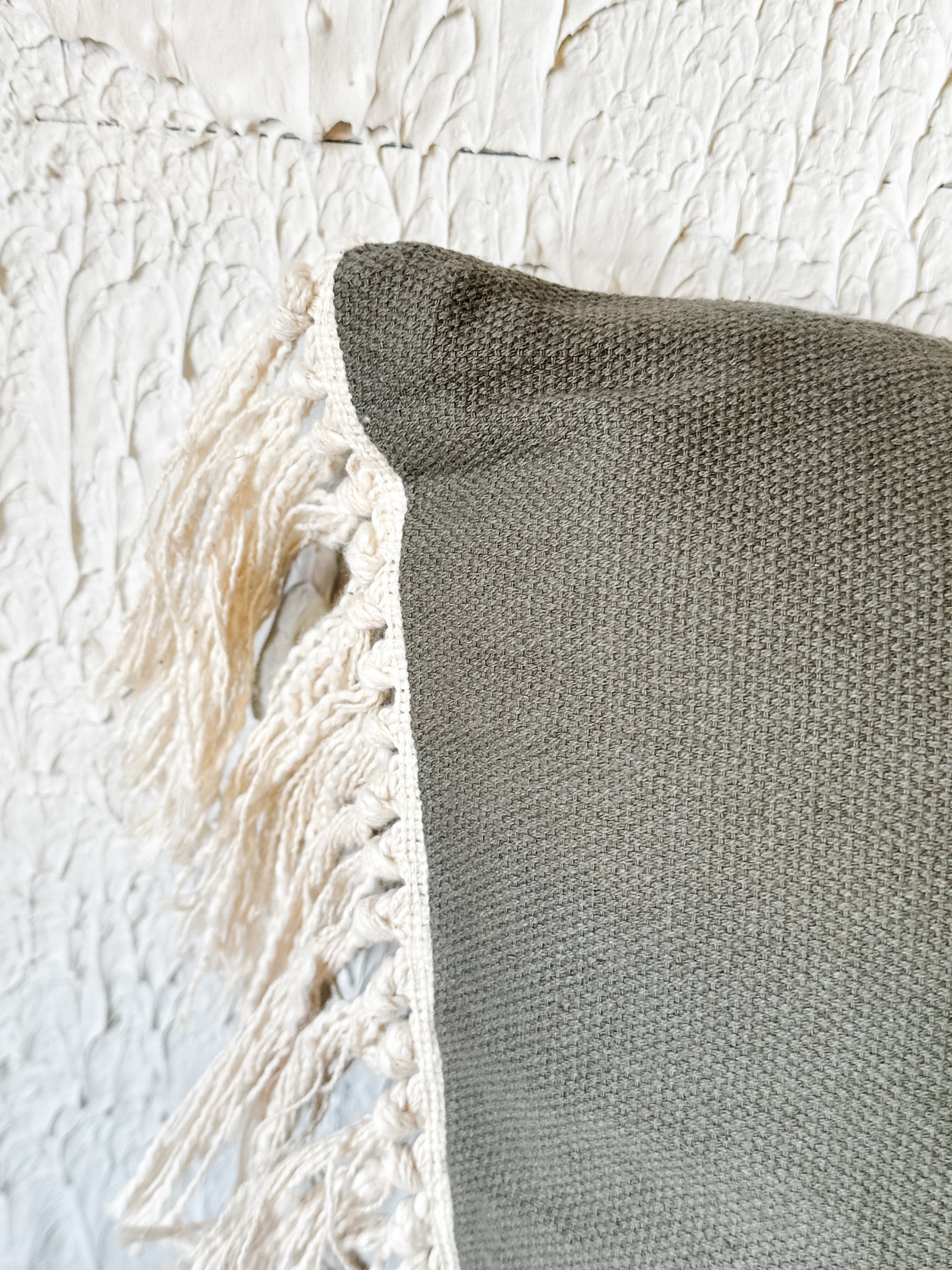 20 inch square cotton pillow with fringe at the Rustic Barn in Killingworth, CT