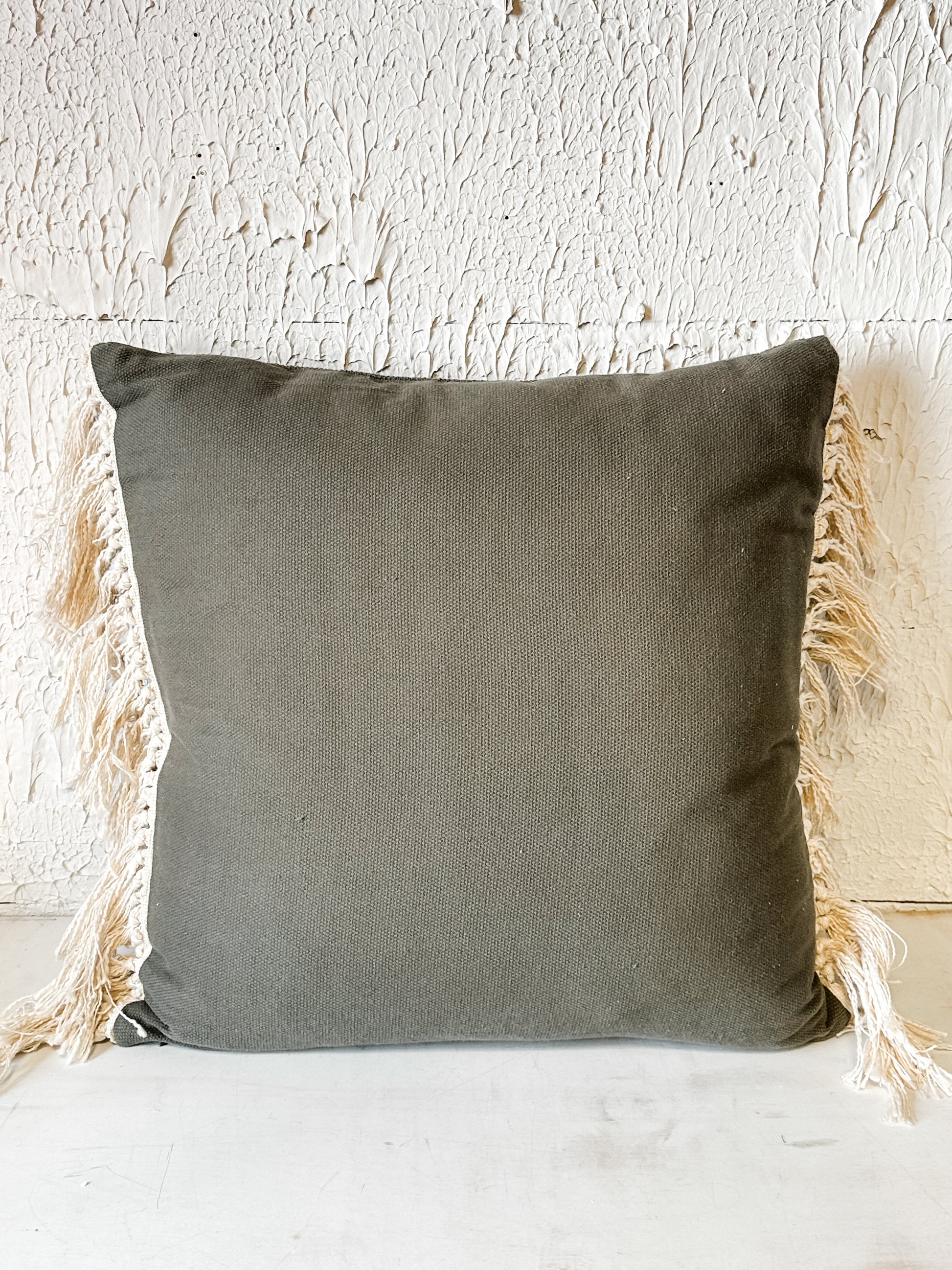 20 inch square cotton pillow with fringe at the Rustic Barn in Killingworth, CT