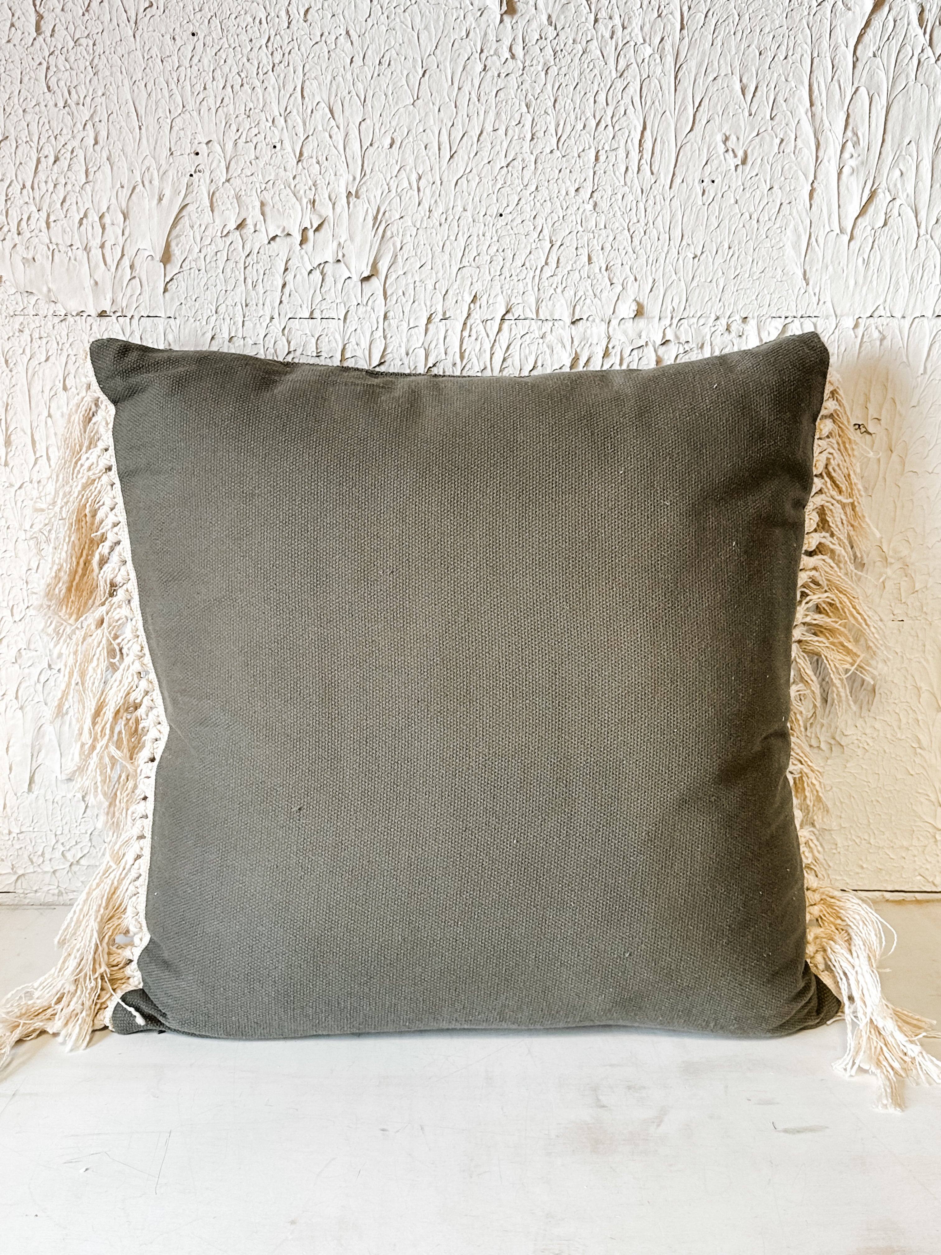 20 inch square cotton pillow with fringe at the Rustic Barn in Killingworth, CT