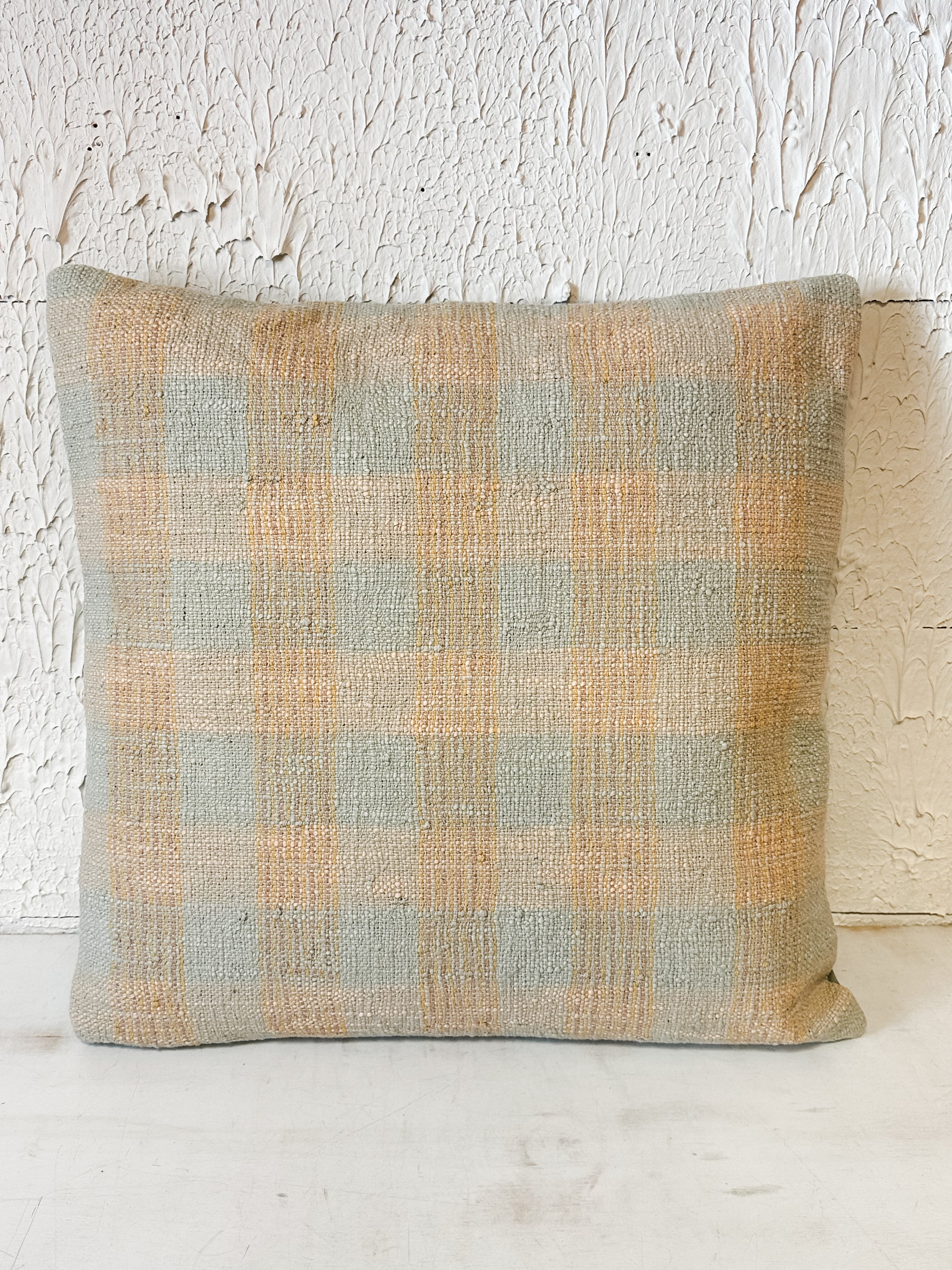 20 inch square hand-woven cotton pillow with plaid print at The Rustic Barn in Killingworth CT