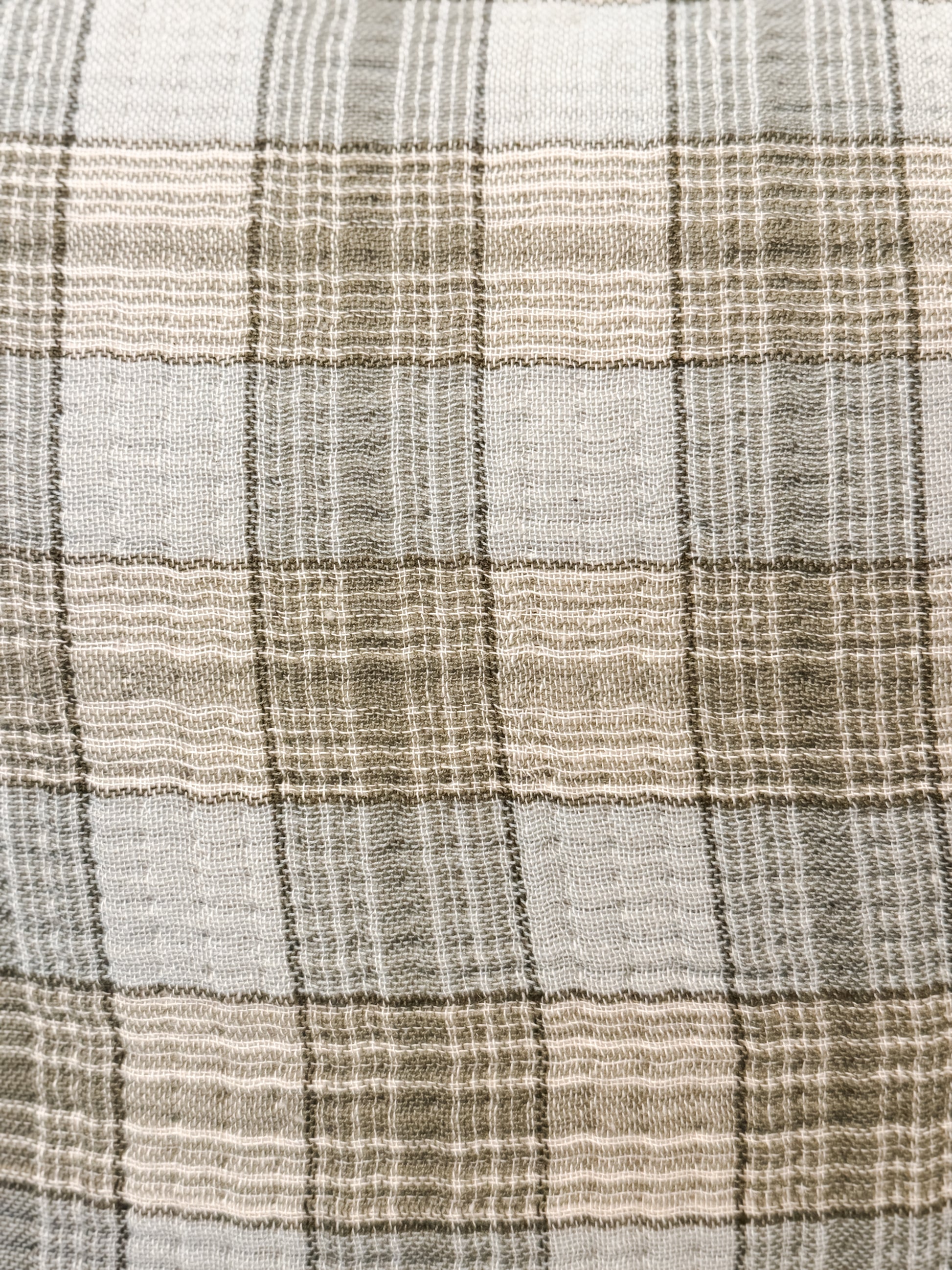 20 inch square plaid pillow with chambray back and frayed edges at The Rustic Barn in Killingworth CT