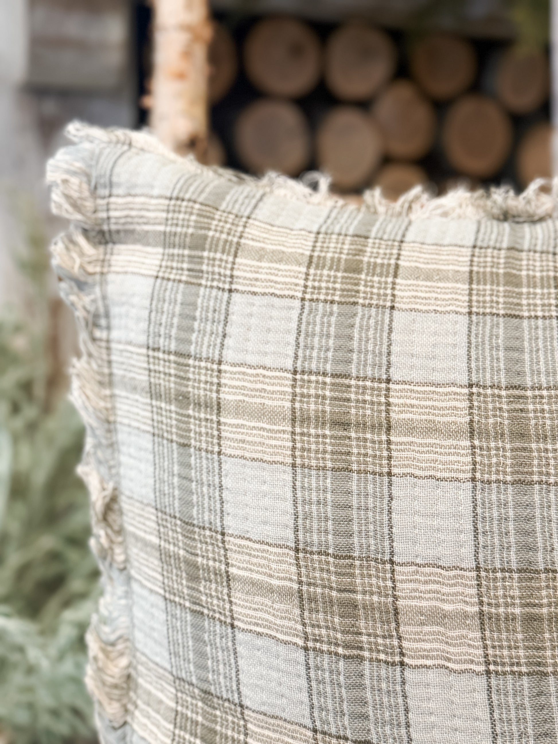 20 inch square plaid pillow with chambray back and frayed edges at The Rustic Barn in Killingworth CT