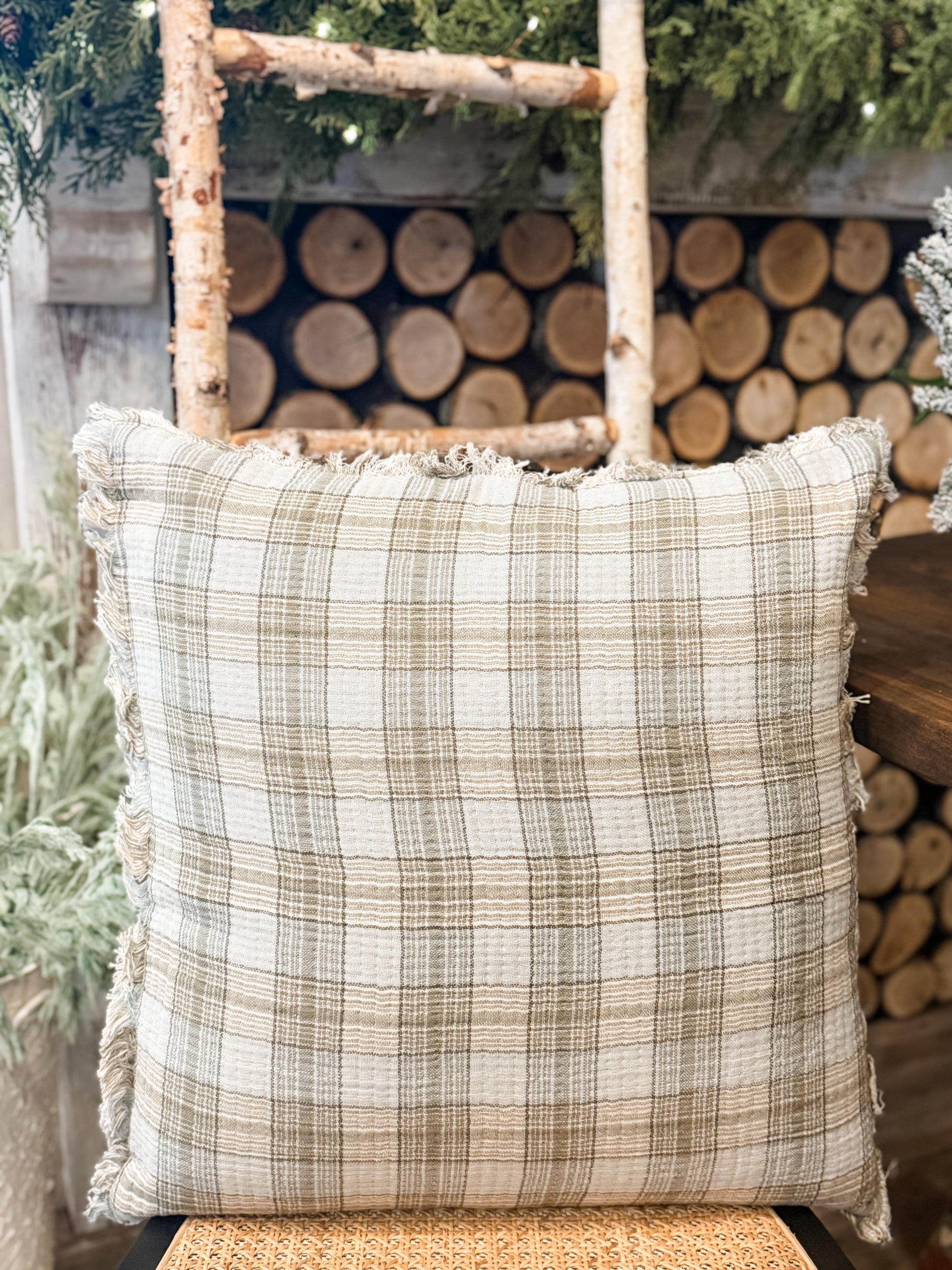 20 inch square plaid pillow with chambray back and frayed edges at The Rustic Barn in Killingworth CT