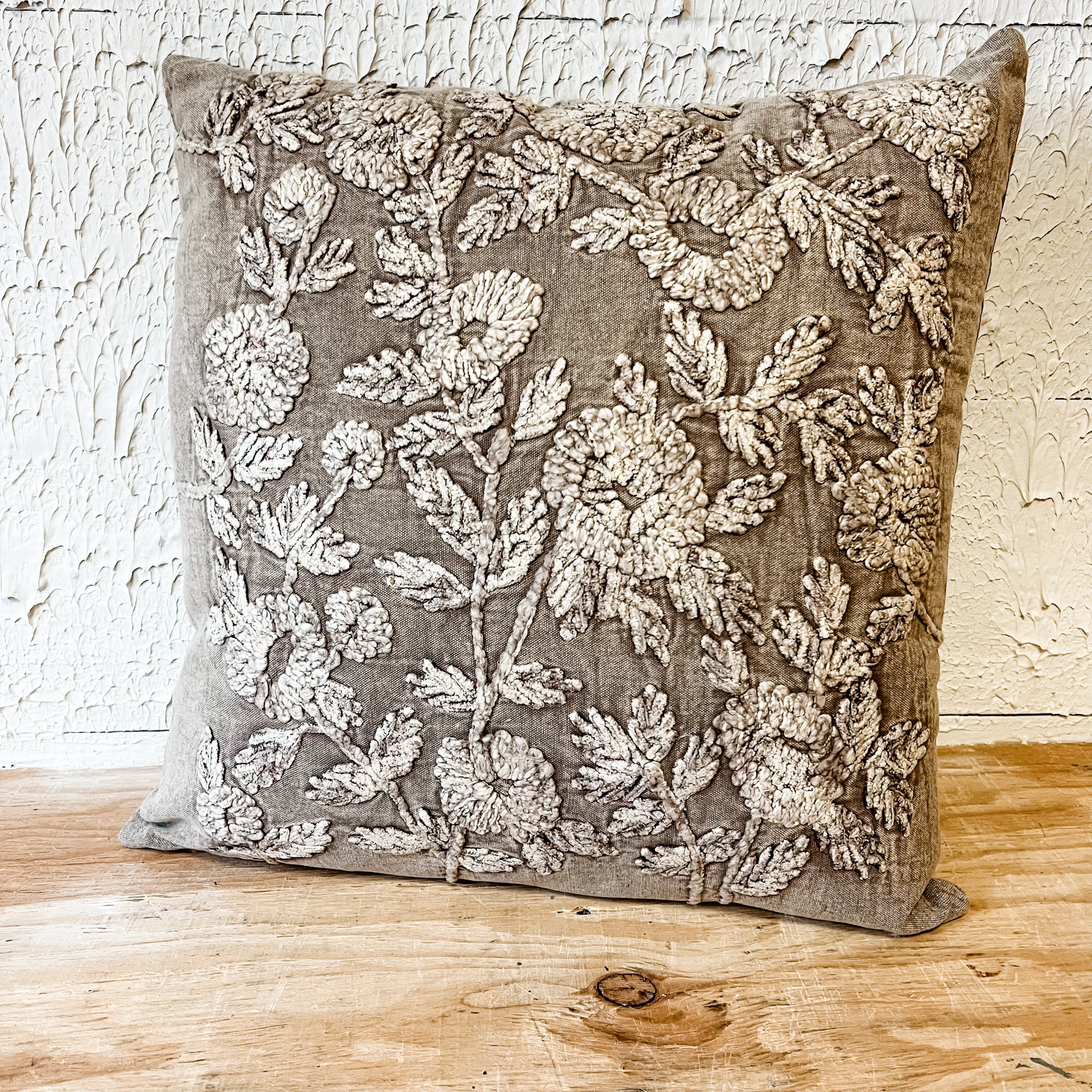 Cotton Stone Washed Taupe Embroidered Floral Pillow