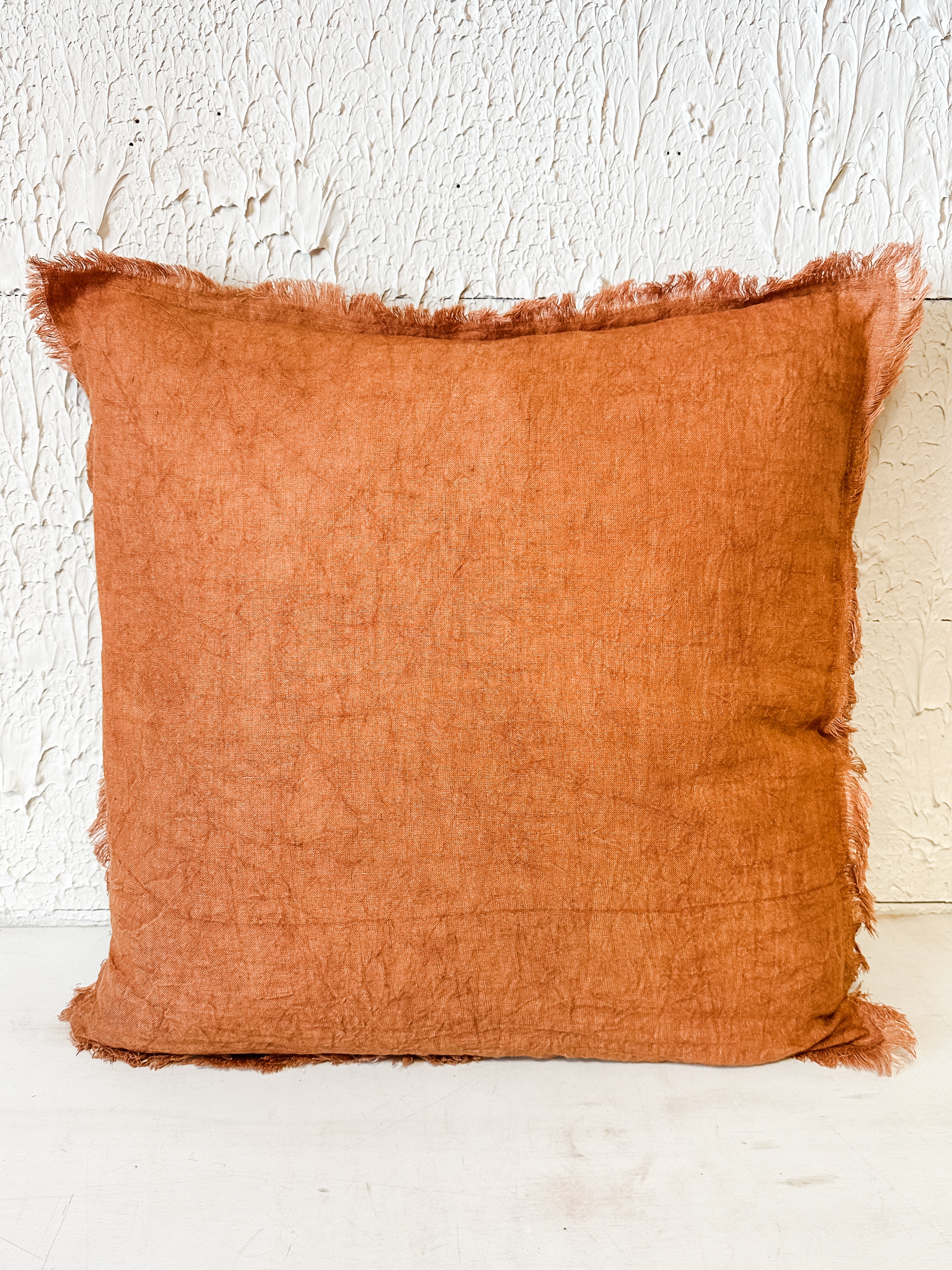 20 inch square stonewashed linen pillow with fringe at The Rustic Barn in Killingworth CT