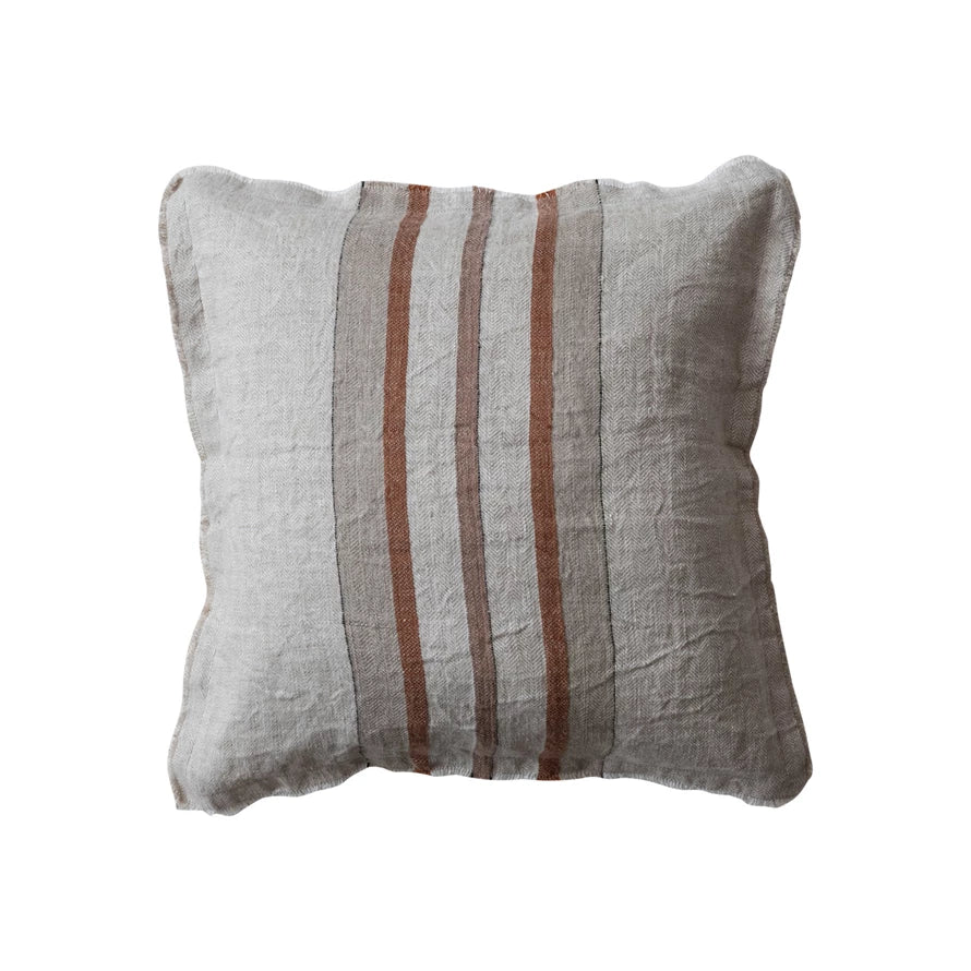 20" Square Linen Pillow With Stripes, Cream