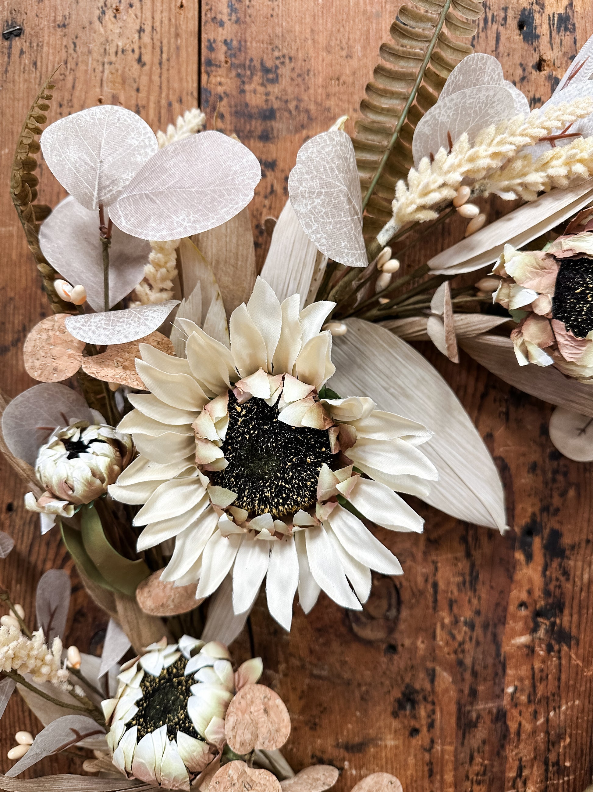22 inch round faux sunflower and wheat fall wreath cream at the Rustic Barn in Killingworth CT