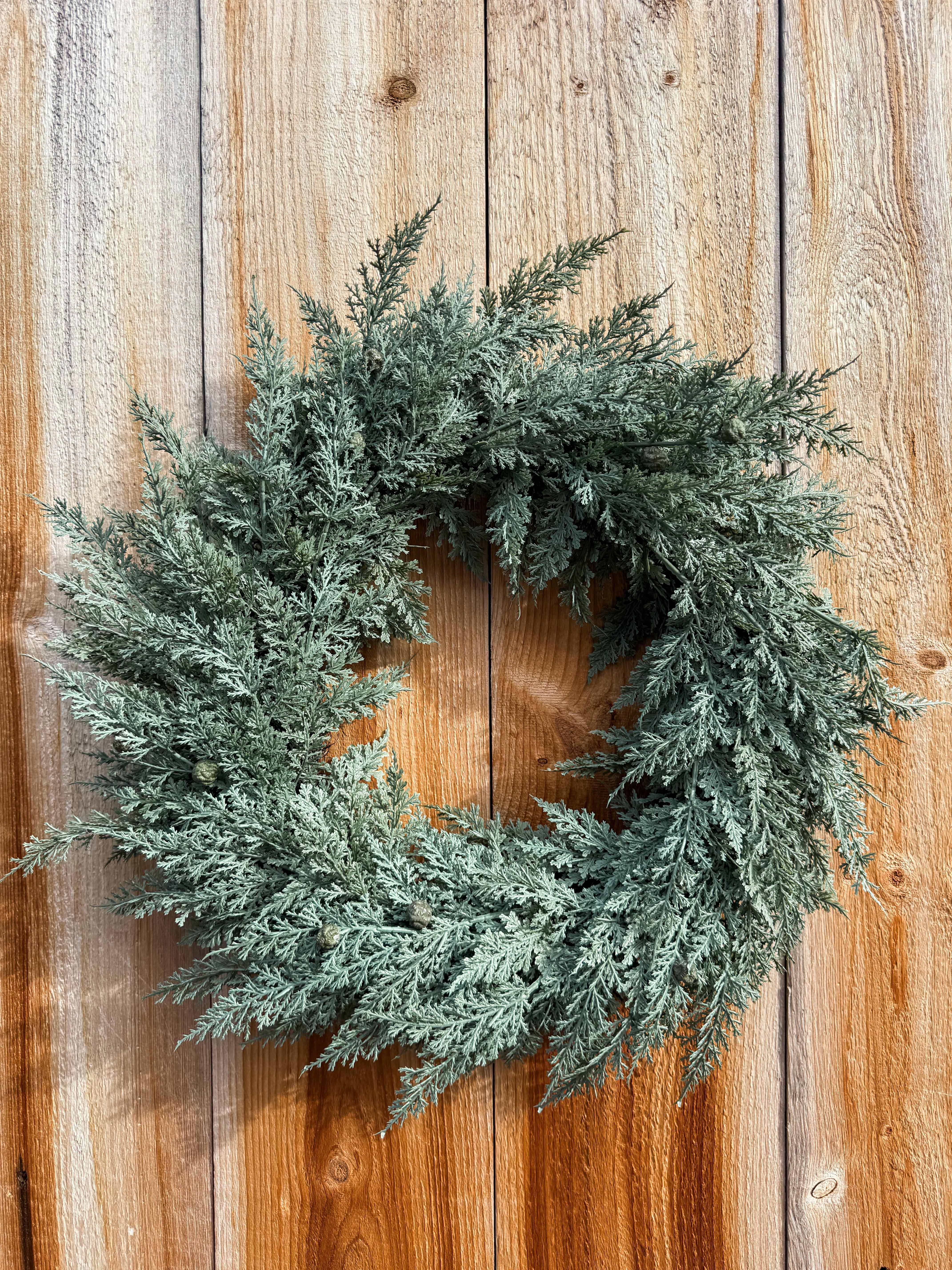 22 inch round soft grey green juniper wreath at The Rustic Barn in Killingworth CT