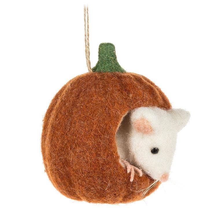 a felt pumpkin ornament with a mouse in it at the rustic barn in killingworth ct