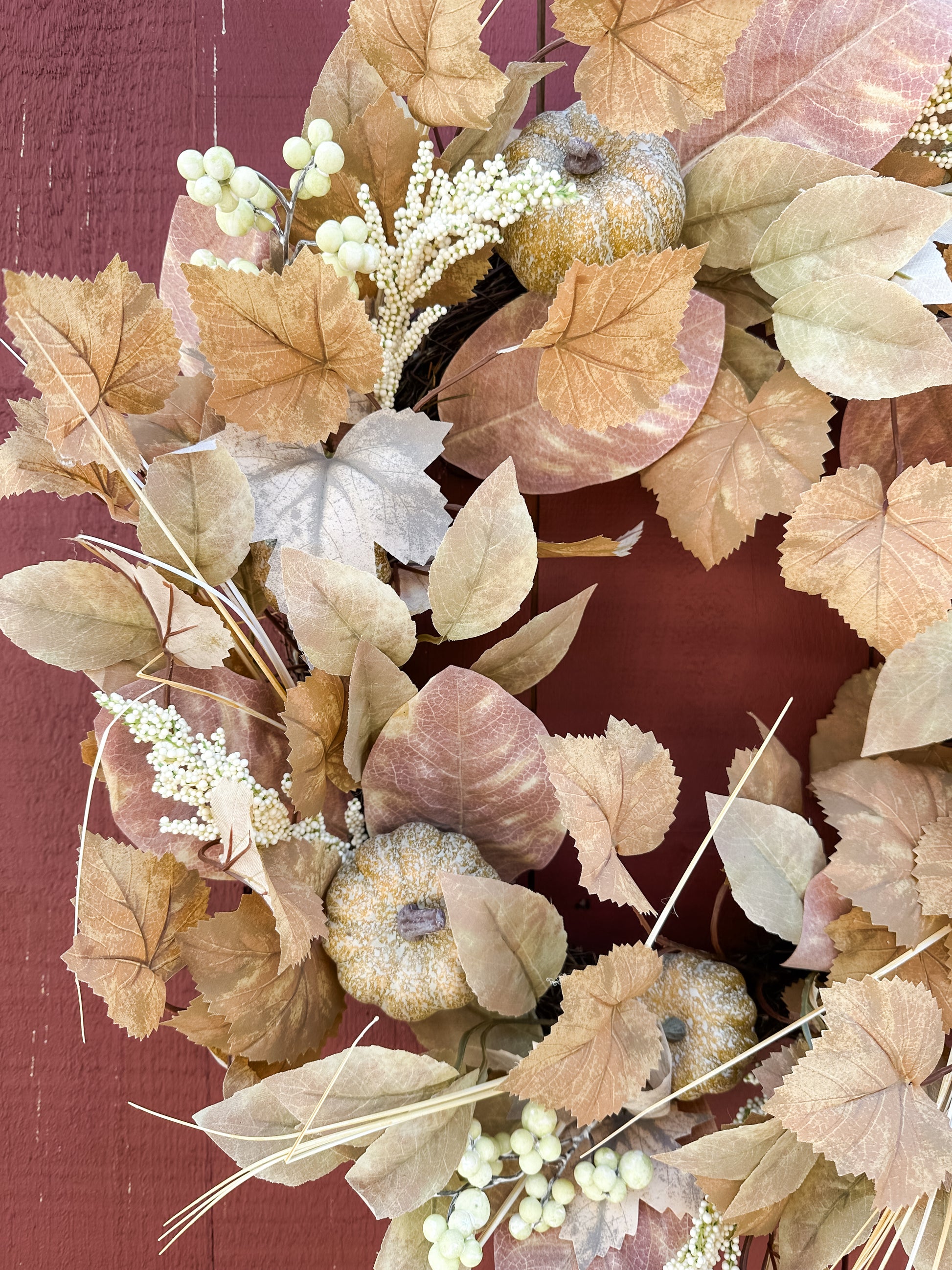 24 inch beige mixed leaf and pumpkin fall wreath at the Rustic Barn in Killingworth CT