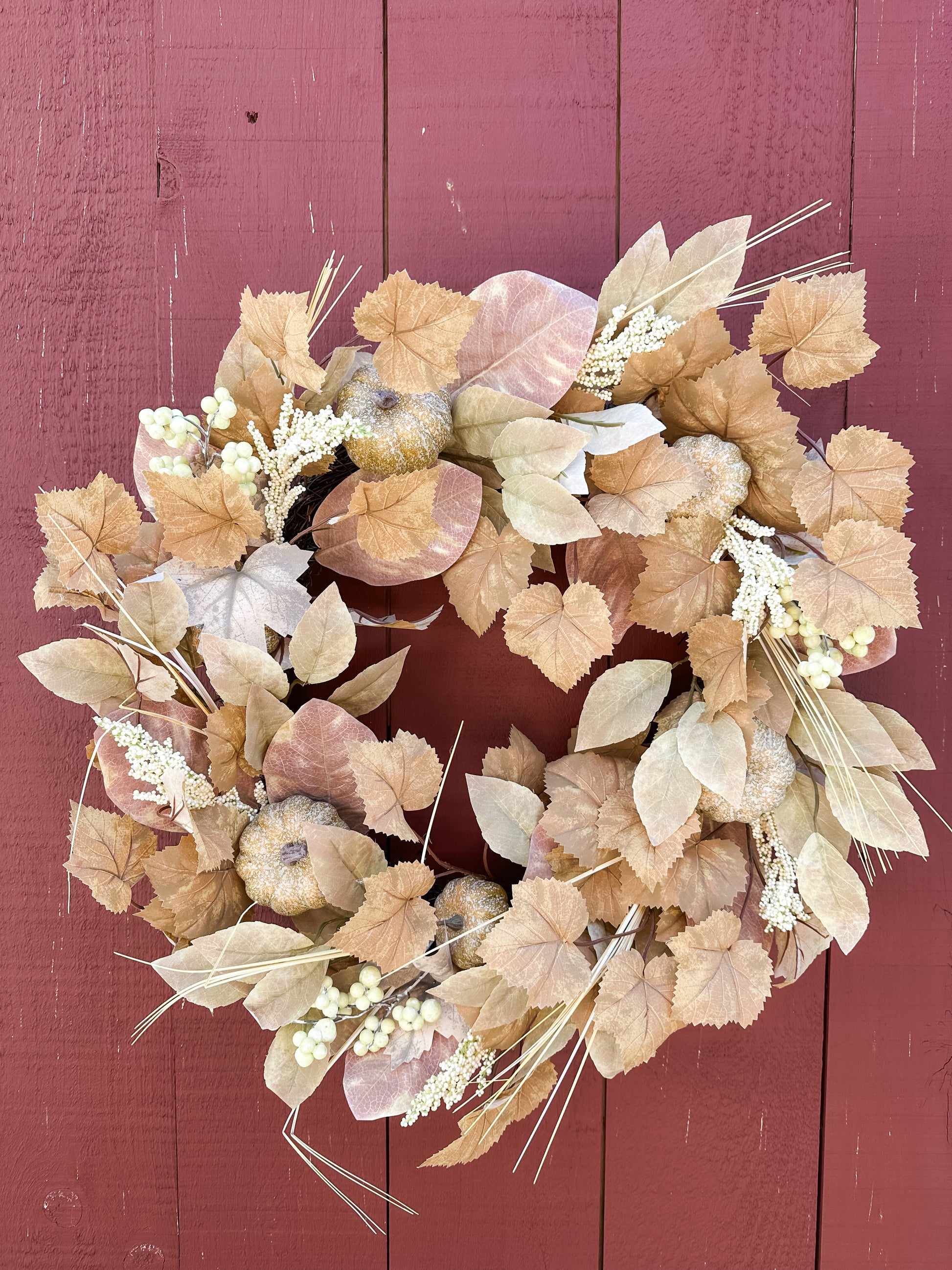 24 inch beige mixed leaf and pumpkin fall wreath at the Rustic Barn in Killingworth CT