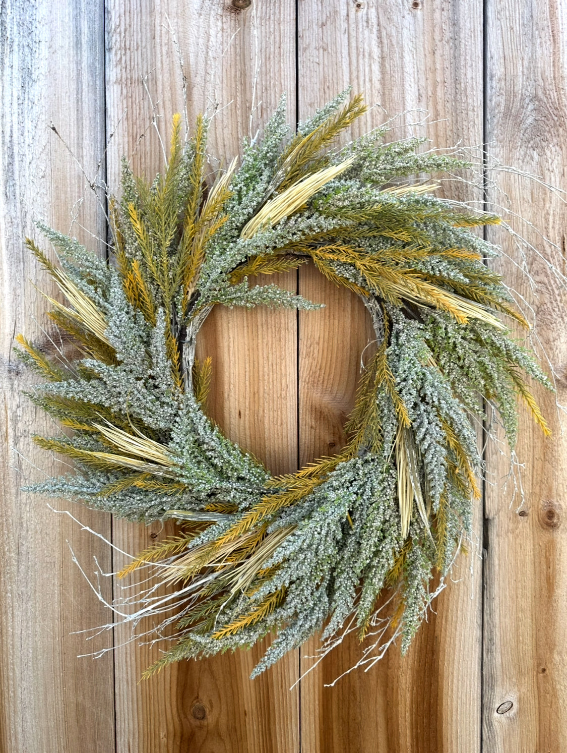 24 inch faux cream heather wreath for fall at The Rustic Barn in Killingworth CT