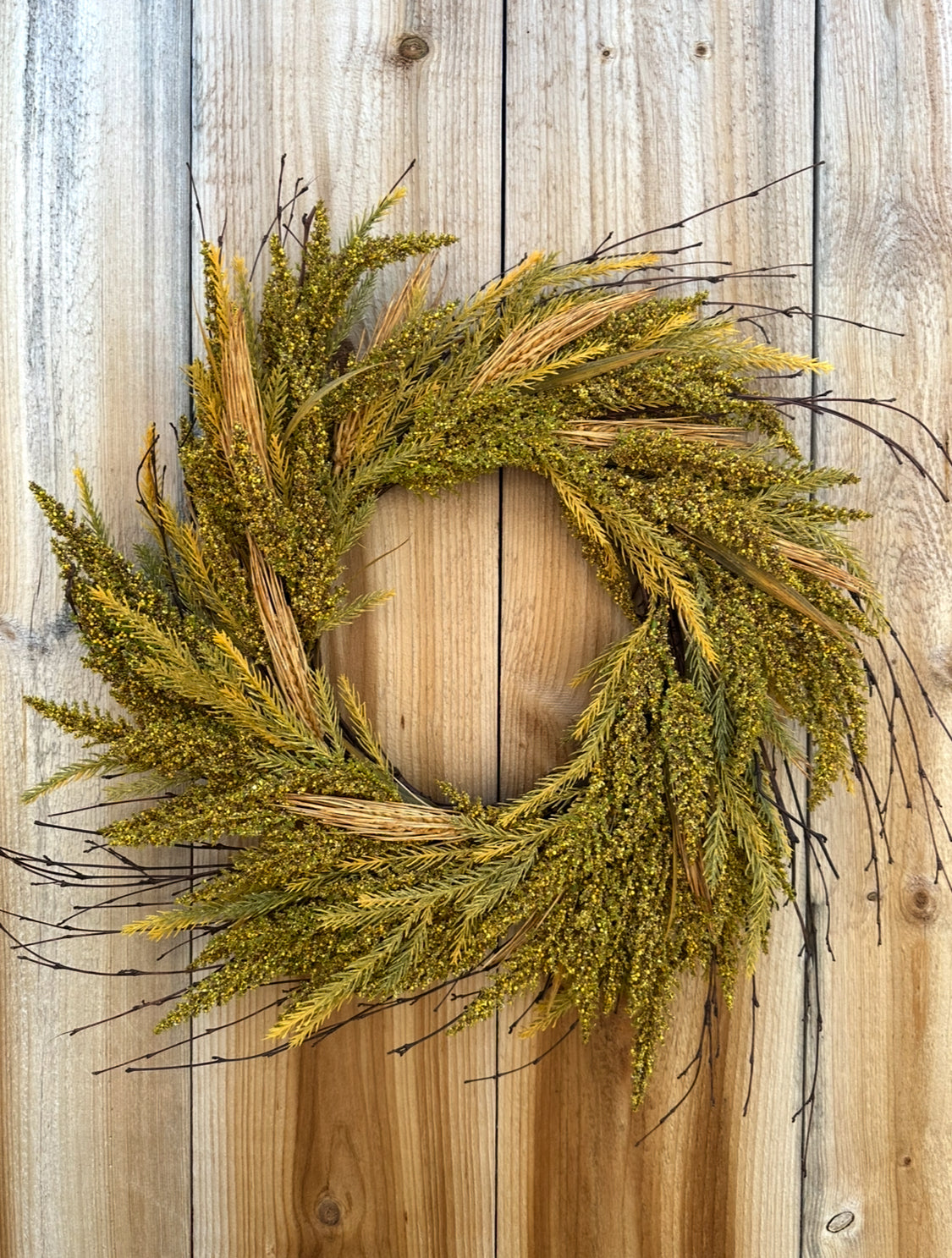 24 inch faux heather wreath gold color for fall at The Rustic Barn in Killingworth CT
